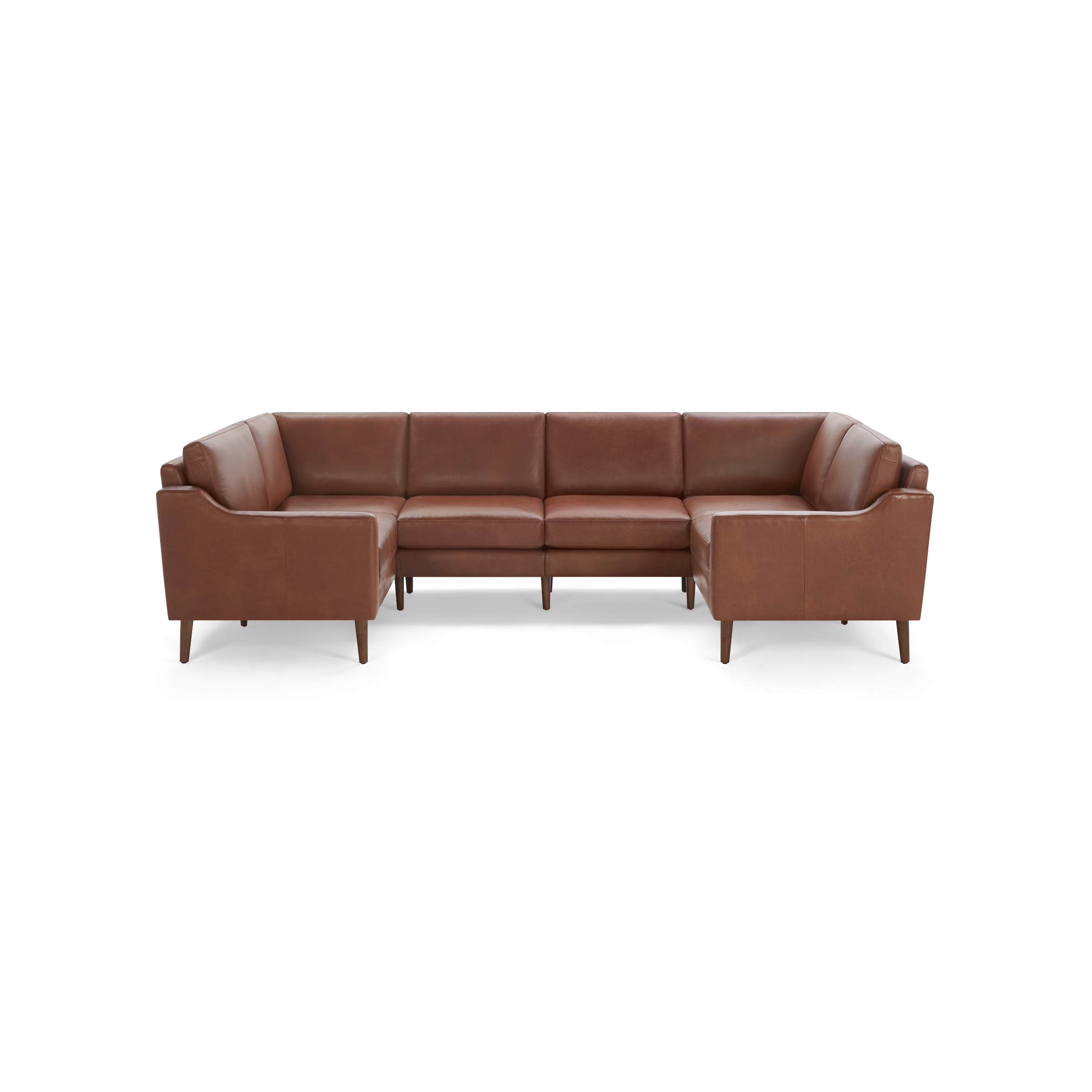 Modern L-shaped sectional sofa upholstered in smooth caramel brown leather with tapered wooden legs and cushioned seats and backrests.