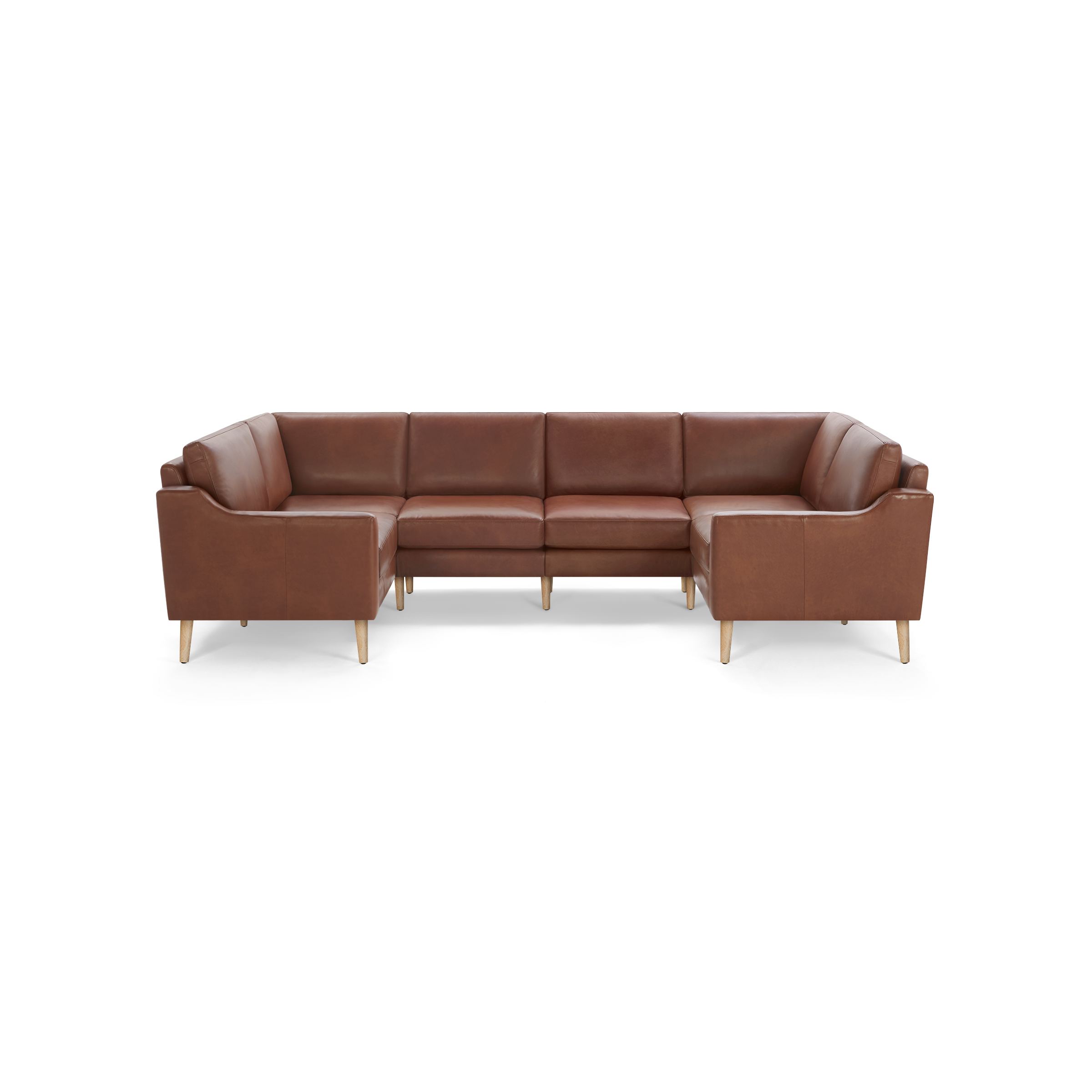 Large sectional sofa with brown leather upholstery, wooden legs, and a modern, minimalist design.