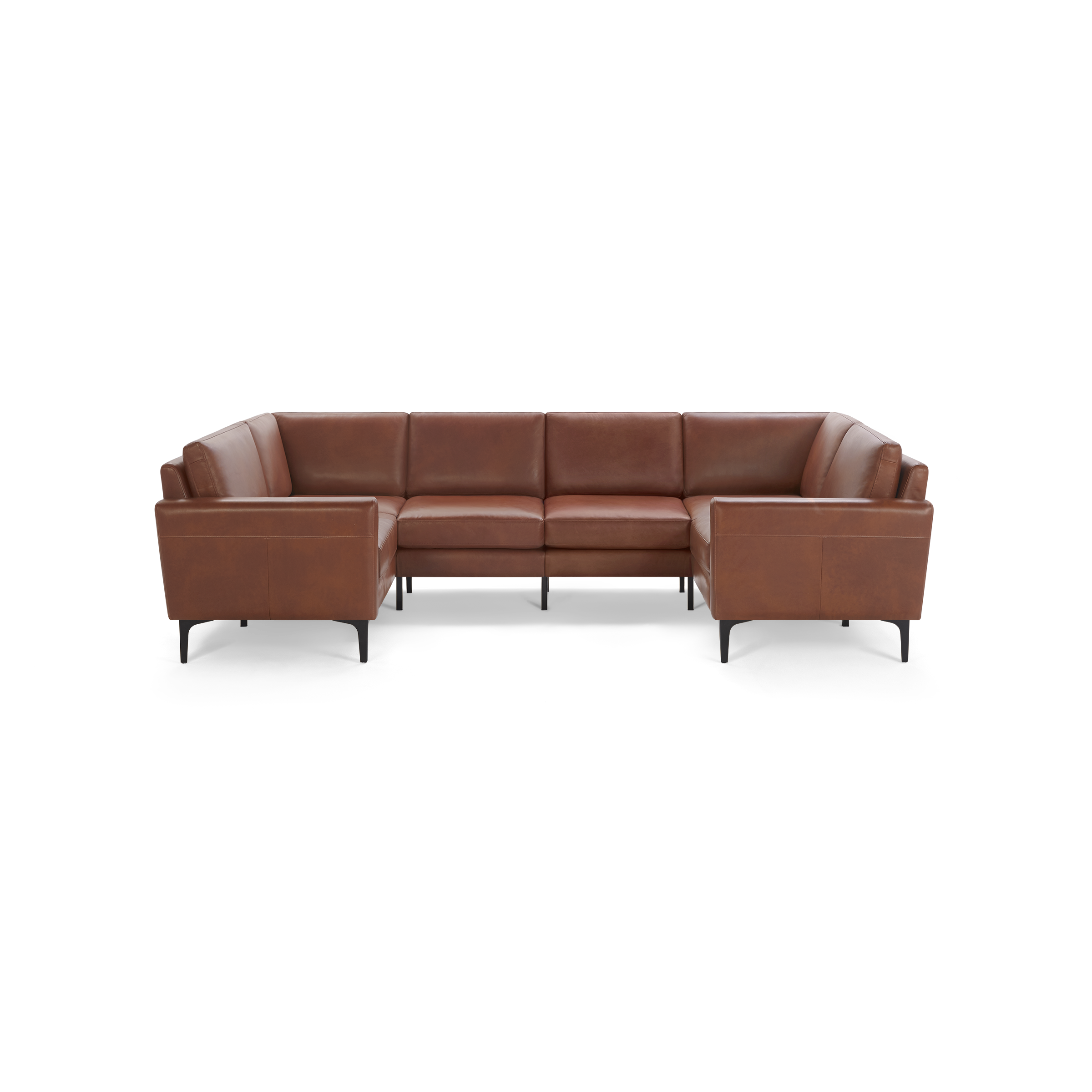 Brown leather sectional sofa with modern design, straight armrests, and black metal legs, shown on a transparent background.