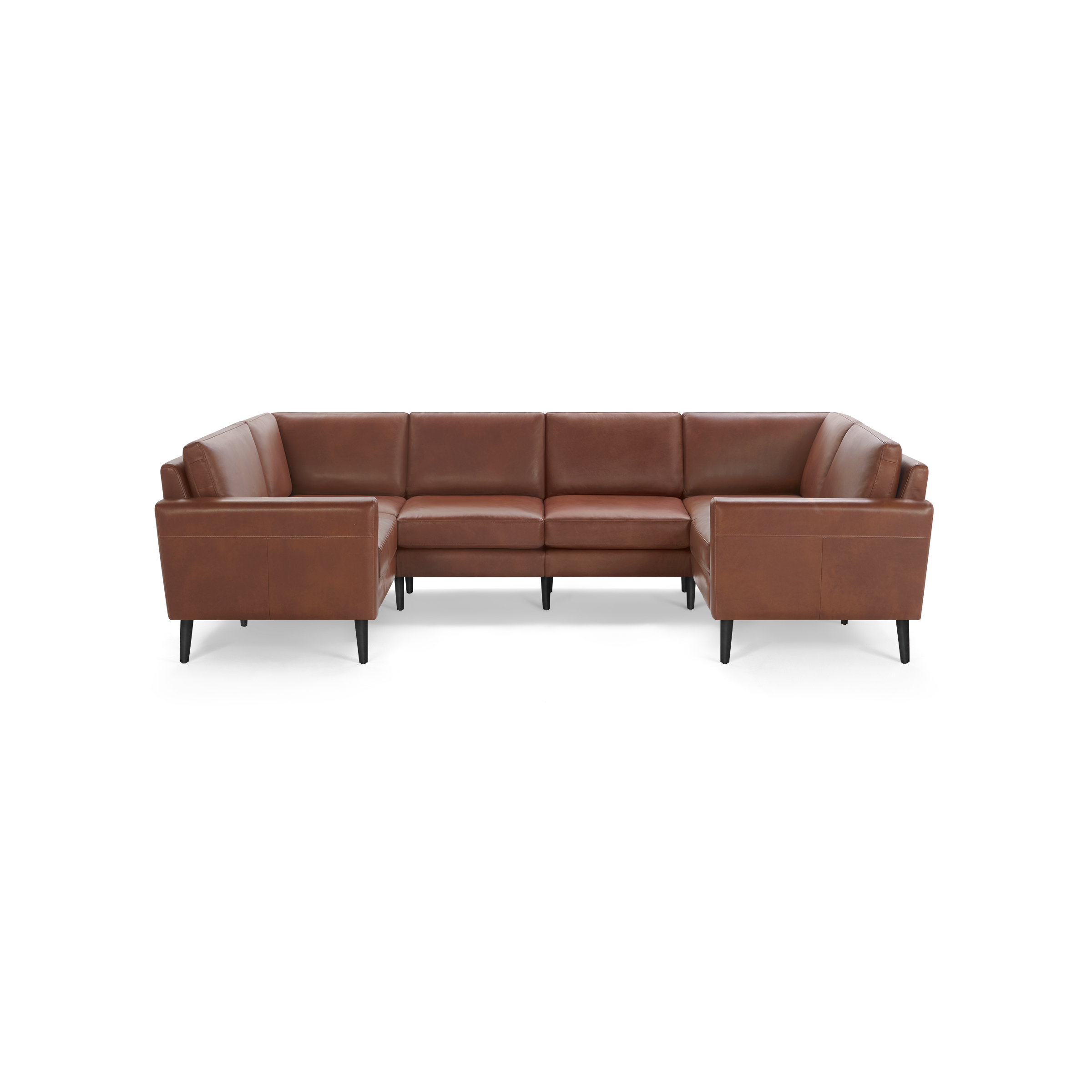Brown leather U-shaped sectional sofa with clean lines, cushioned seats, straight arms, and black wooden legs on a transparent background.