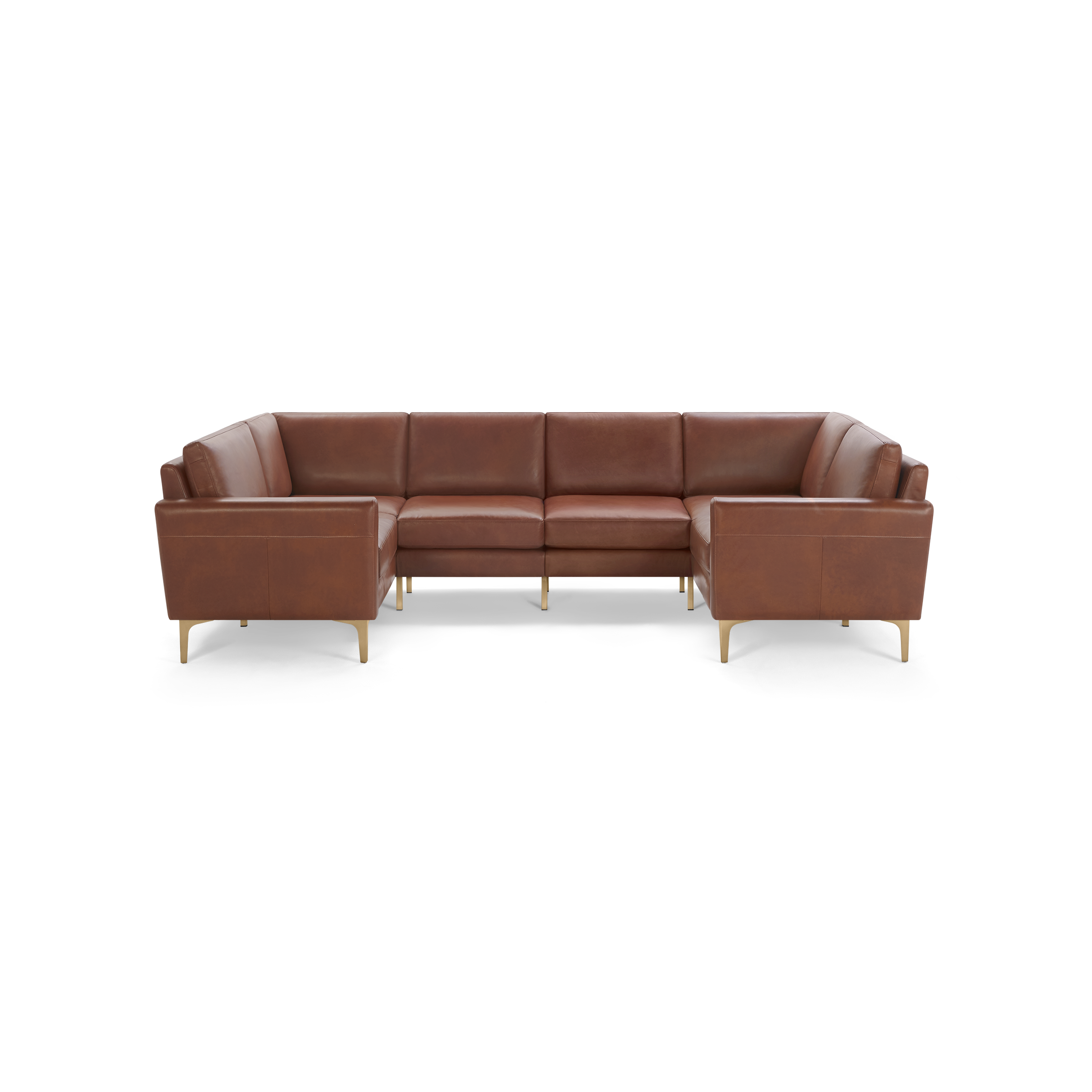 Brown leather U-shaped sectional sofa with clean lines and wooden legs, designed for modern living spaces.