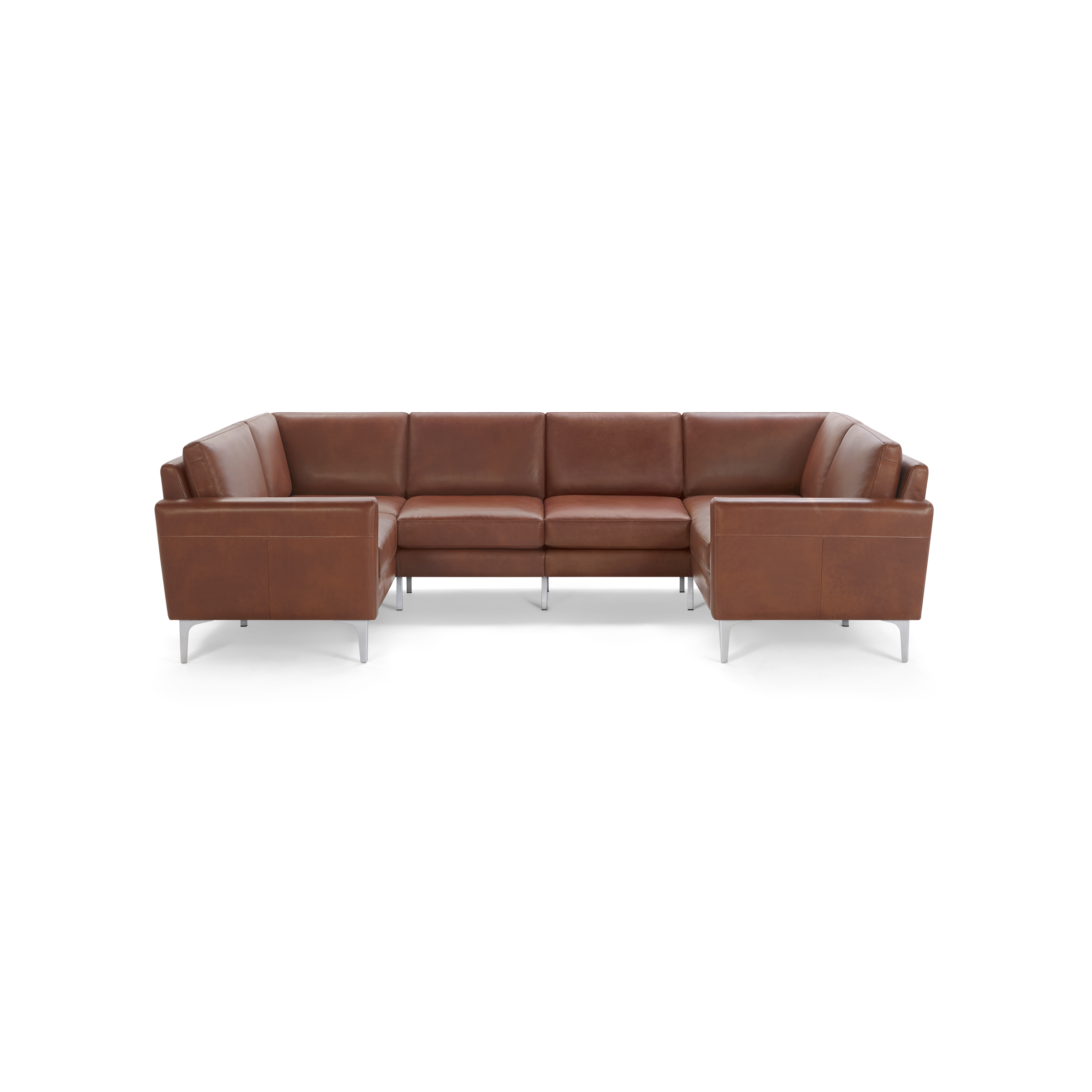 Modern sectional sofa in brown leather with clean lines, cushioned seats, and metal legs, designed for spacious seating.