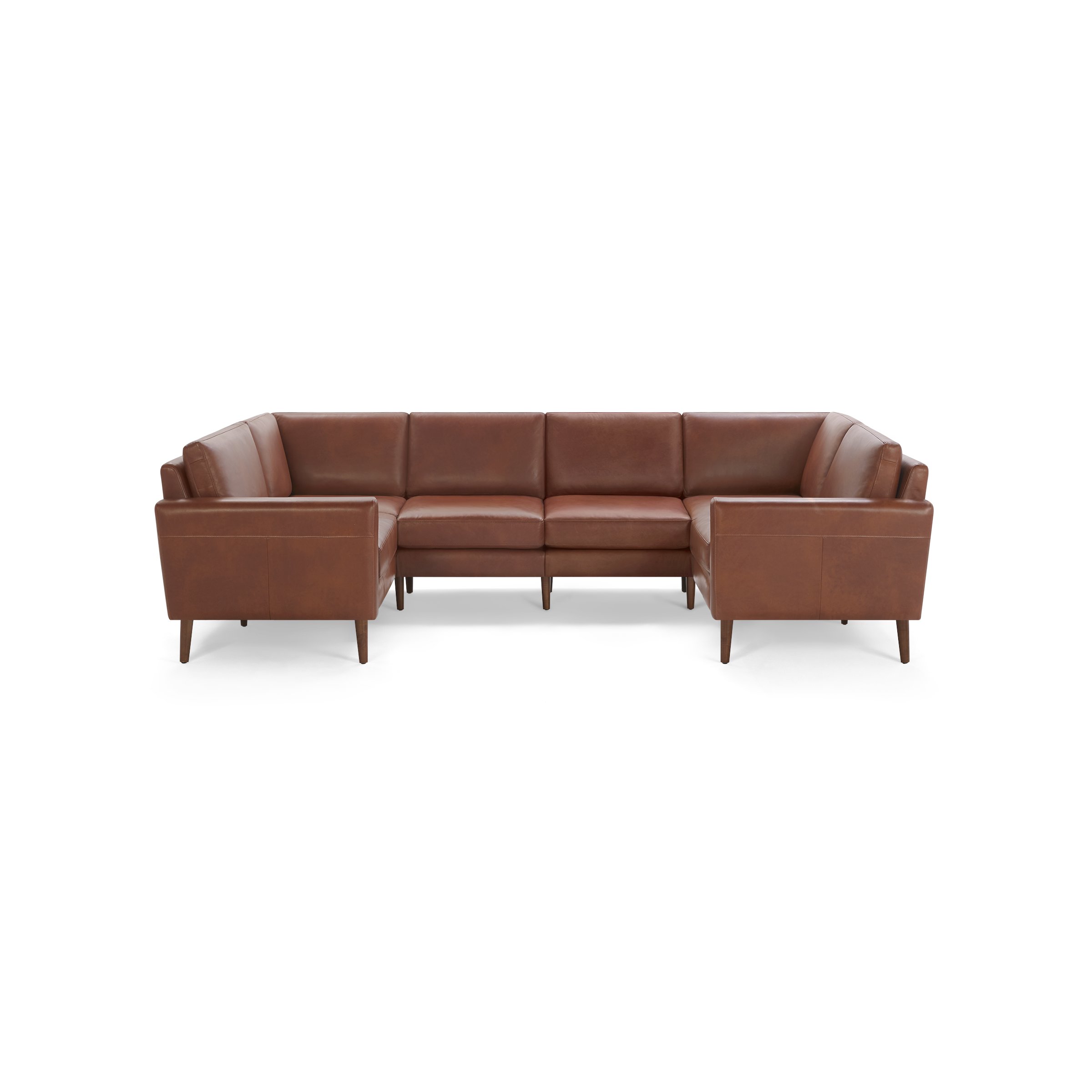 Brown leather U-shaped sectional sofa with wooden legs, featuring a modern design and cushioned seats and backs.