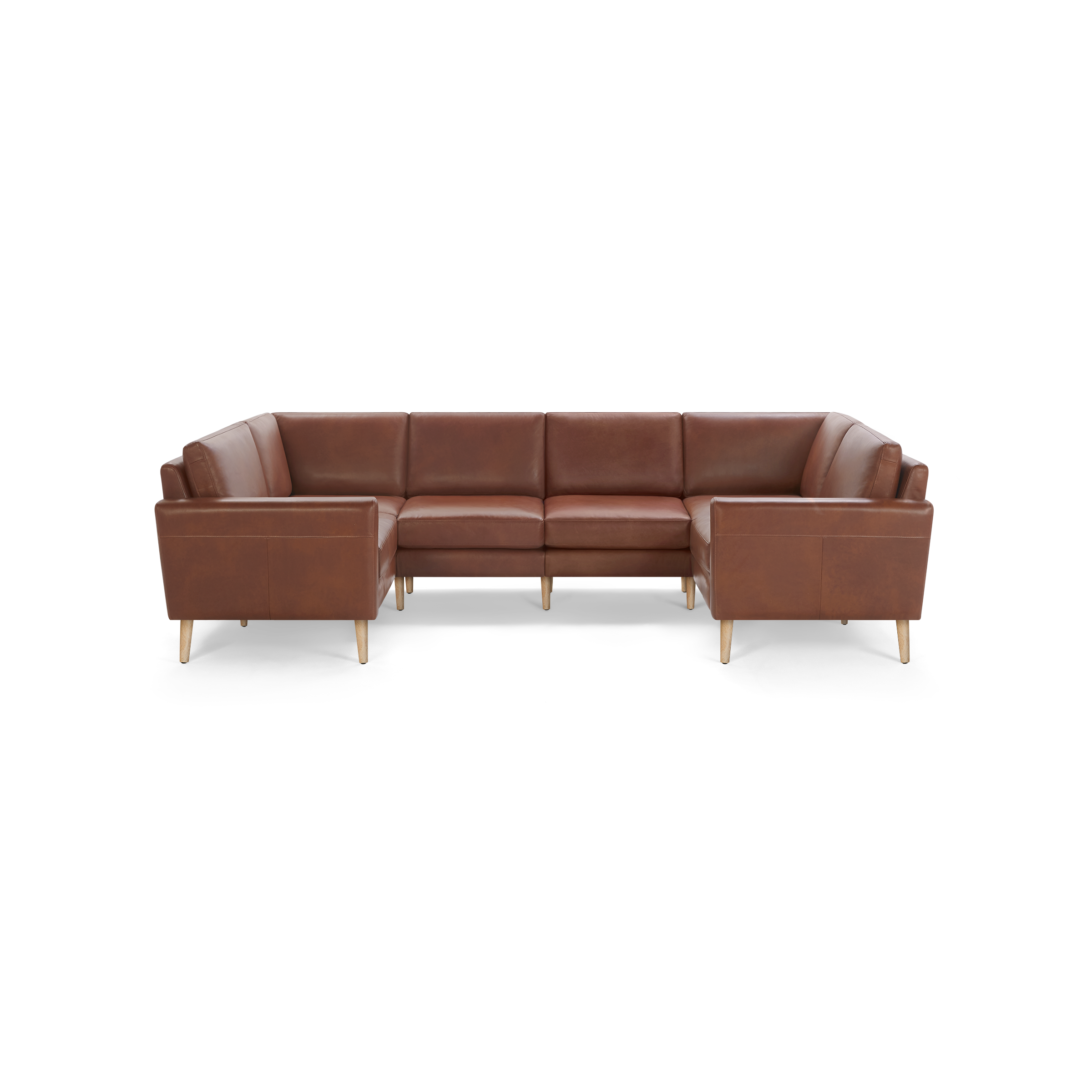 Brown leather sectional sofa with wooden legs, featuring a modern and minimalist design, suitable for spacious living rooms.