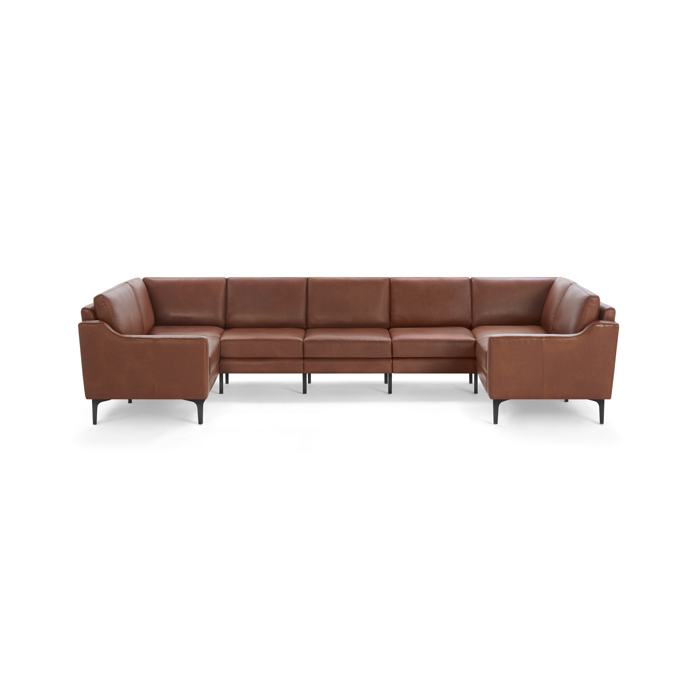 Large U-shaped sectional sofa with brown leather upholstery and black metal legs, featuring clean lines and modern design.