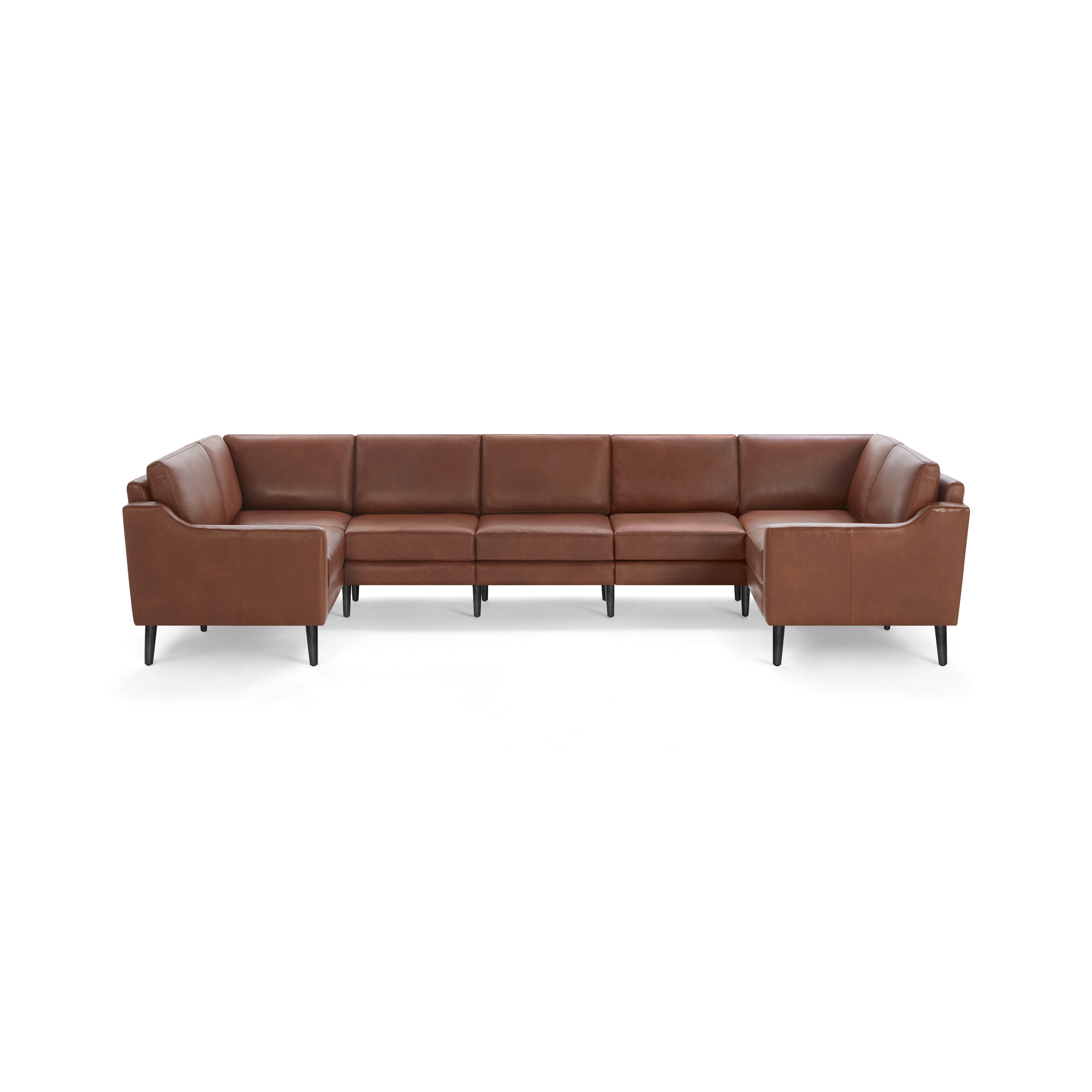 Large U-shaped sectional sofa in brown leather with clean lines and black wooden legs, seating eight or more people comfortably.