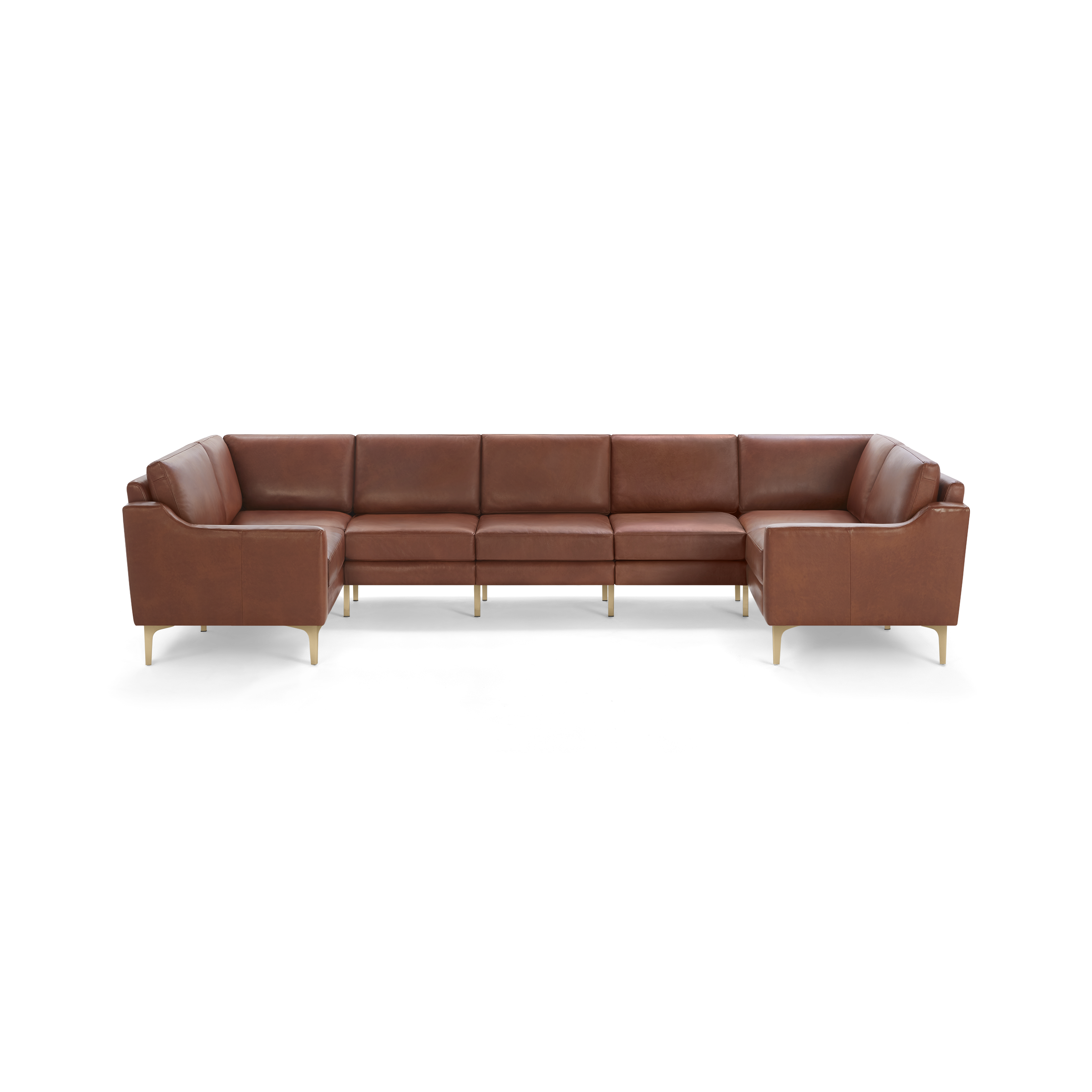 Large U-shaped sectional sofa upholstered in brown leather with sleek gold metal legs and cushioned backrests.