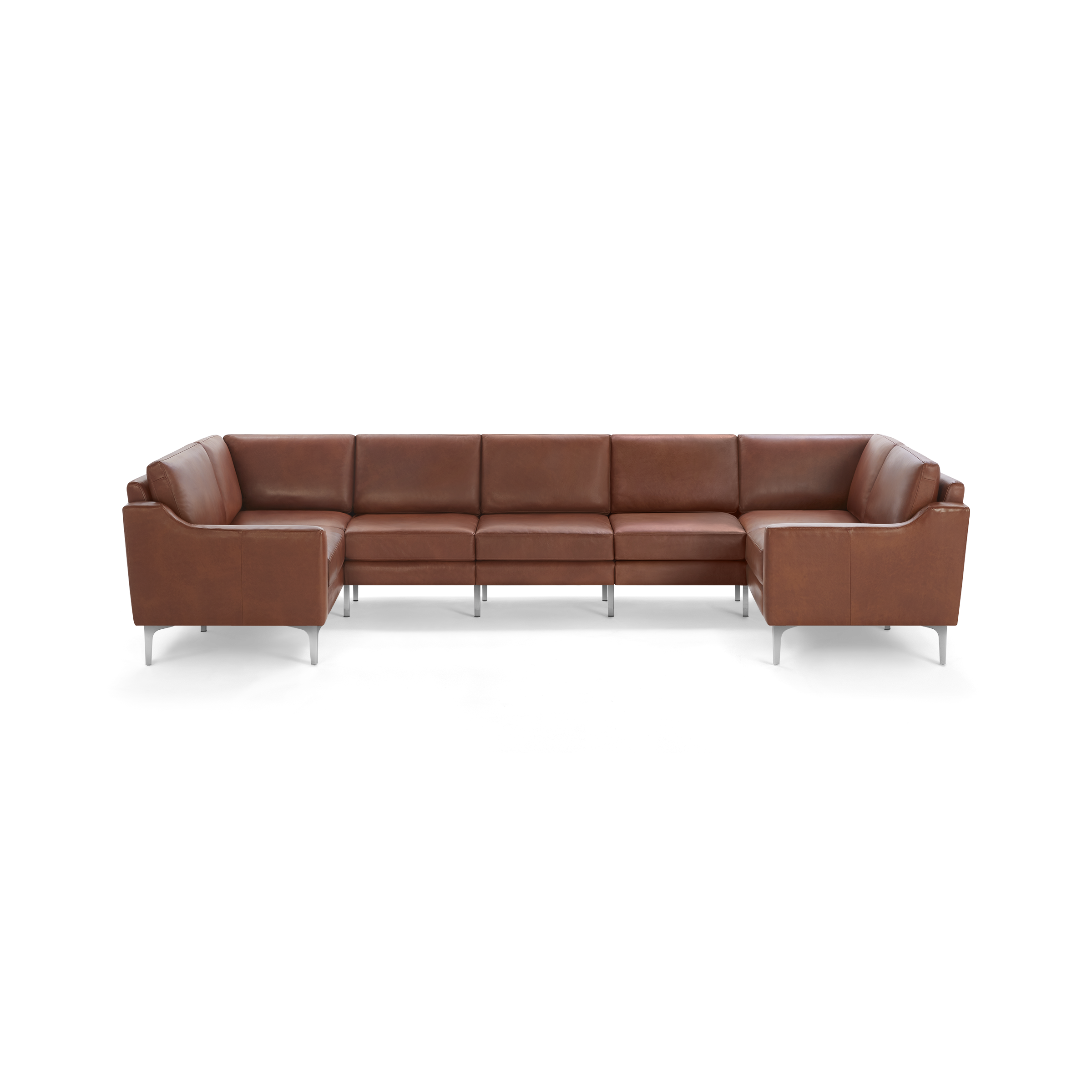 Brown leather U-shaped sectional sofa with metal legs, featuring clean lines and modern design.