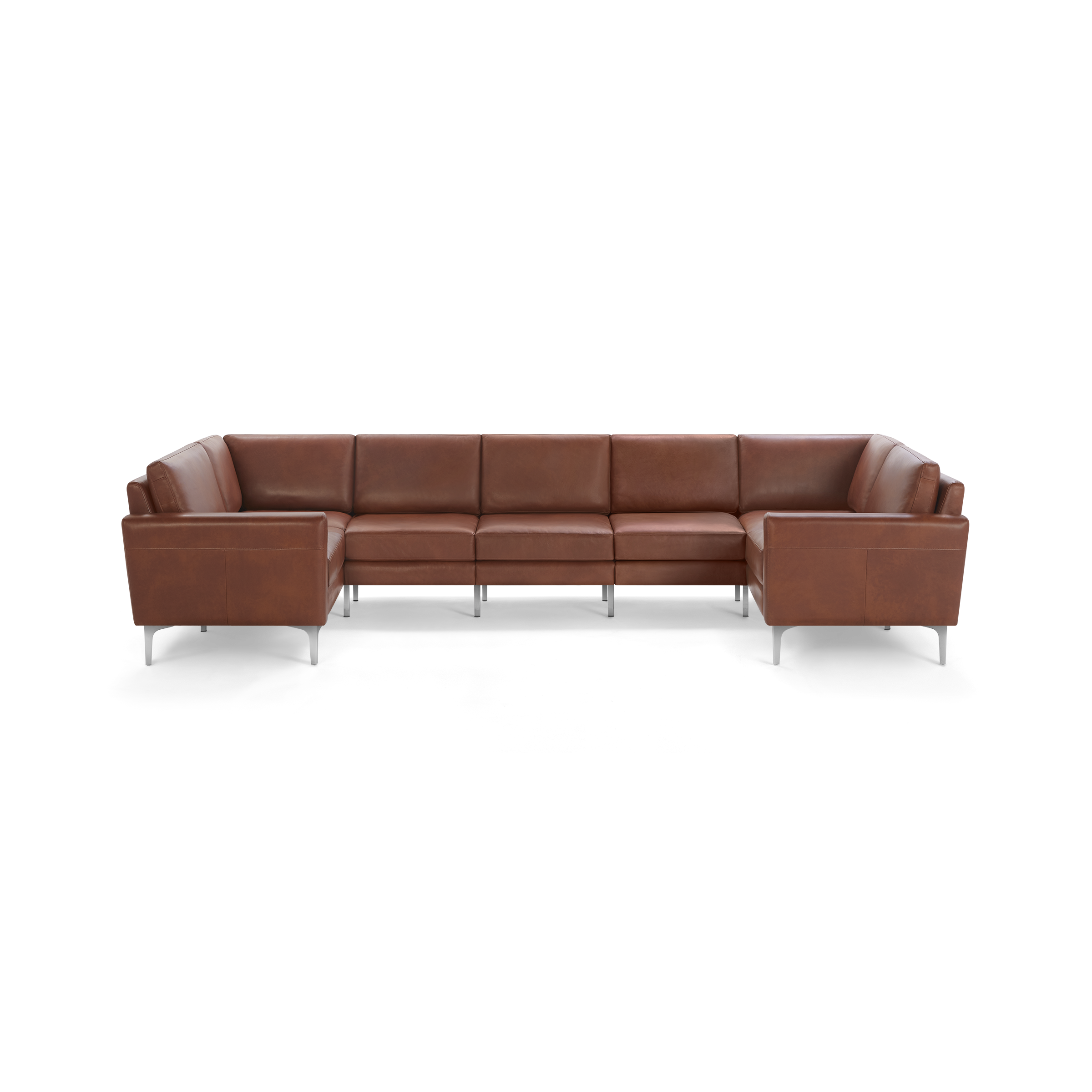 Large U-shaped sectional sofa with brown leather upholstery and sleek metal legs, designed for spacious seating.