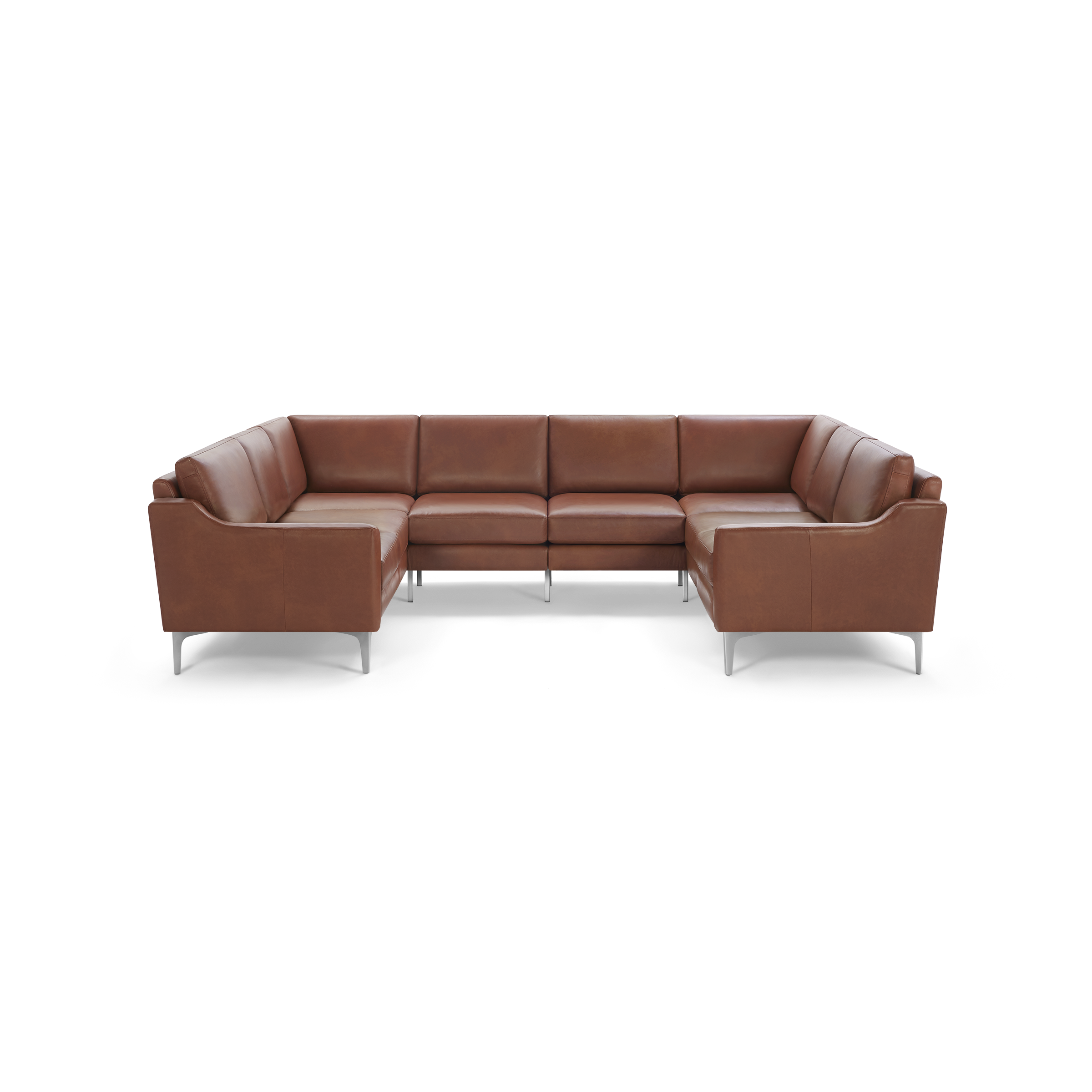 Large brown leather U-shaped sectional sofa with clean lines, cushioned seats, backs, and metal legs on a black background.