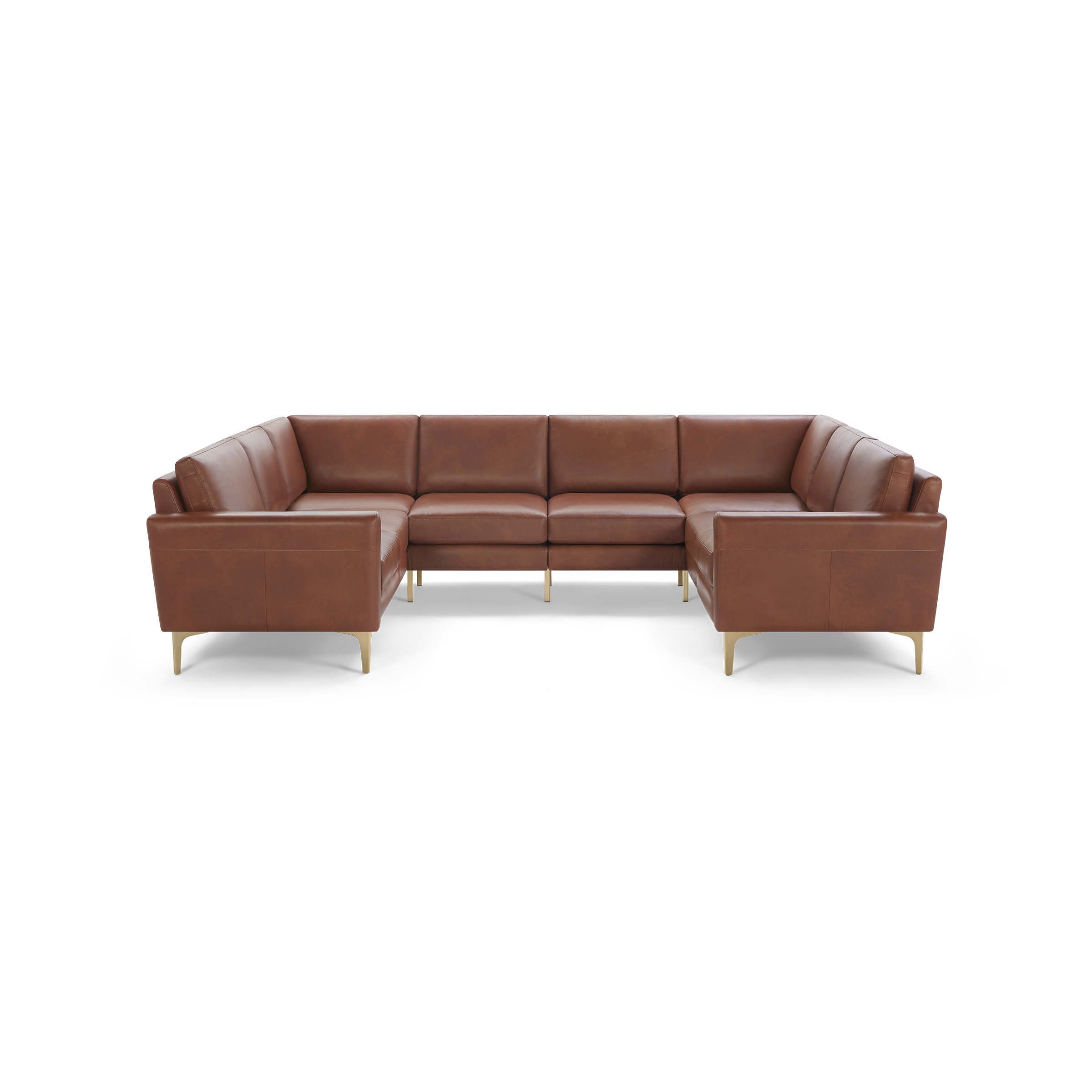 Brown leather U-shaped sectional sofa with clean lines and light wooden legs, designed for modern living spaces.