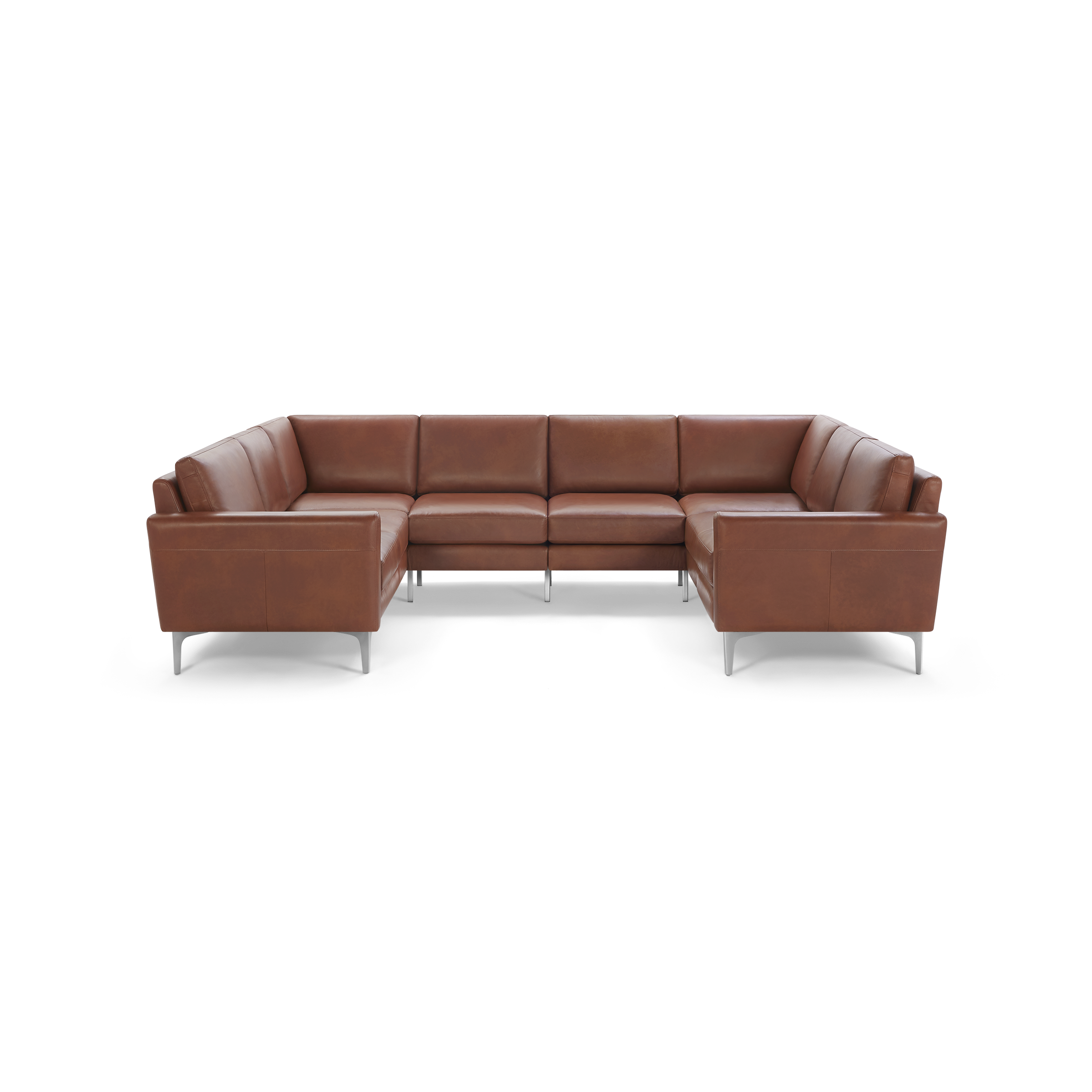 Modern brown leather sectional sofa with clean lines, cushioned seats, and sleek metal legs, designed for spacious seating.