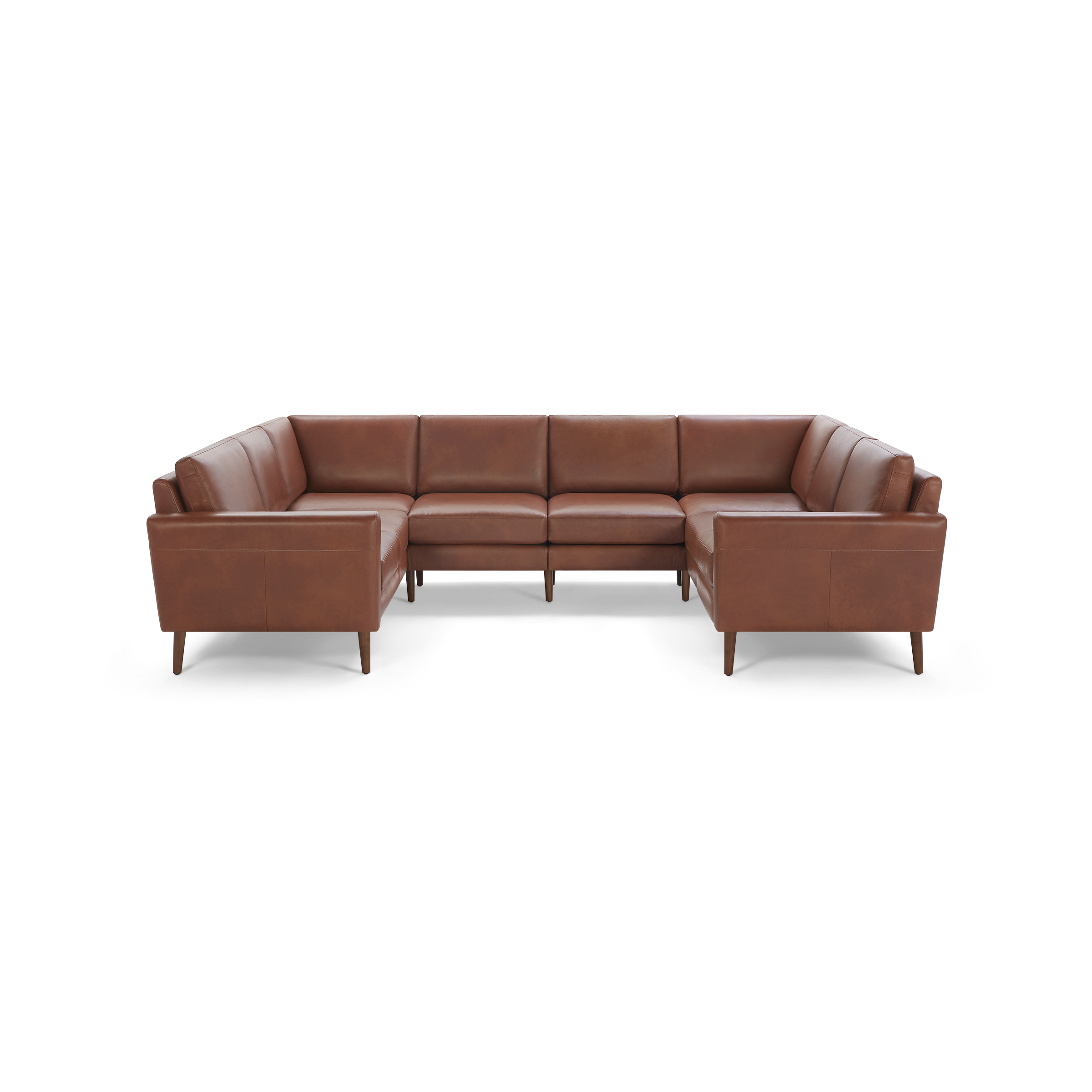 Brown leather U-shaped sectional sofa with clean lines, cushioned seats, and wooden legs, ideal for modern living rooms.