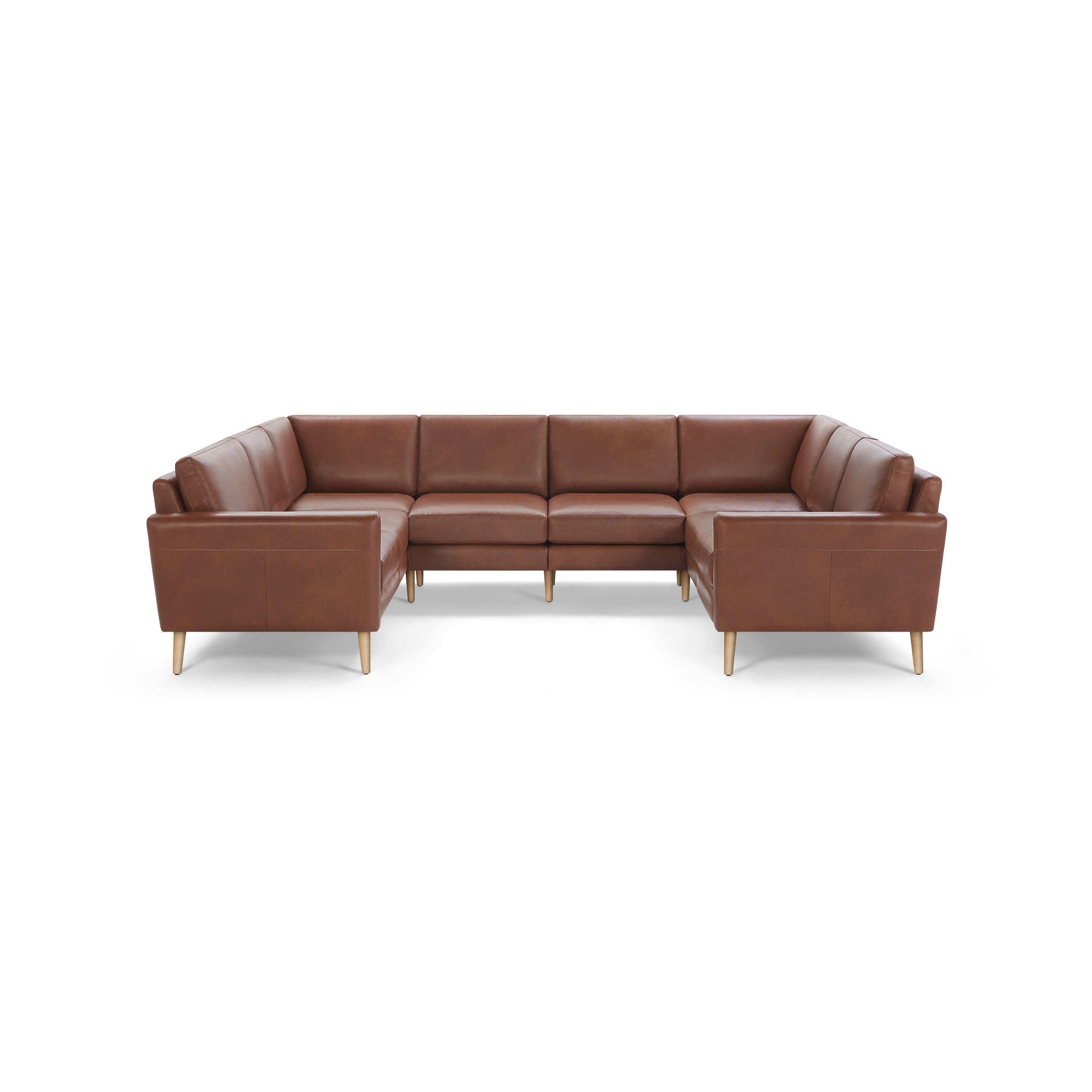 Large modern brown leather sectional sofa with wooden legs, featuring clean lines and cushioned backrests for comfortable seating.