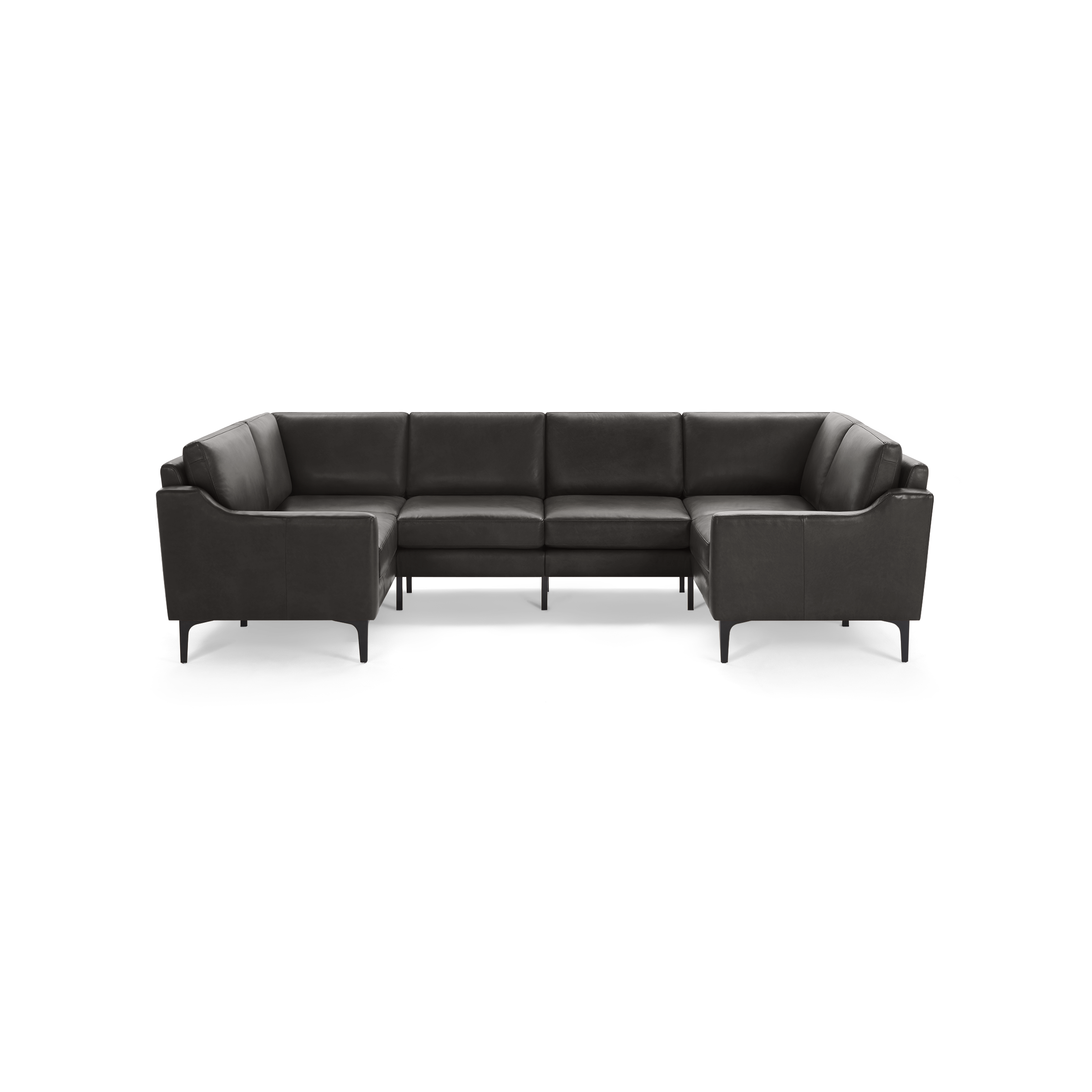 Modern dark gray leather U-shaped sectional sofa with clean lines and slim black legs, designed for spacious, stylish living rooms.