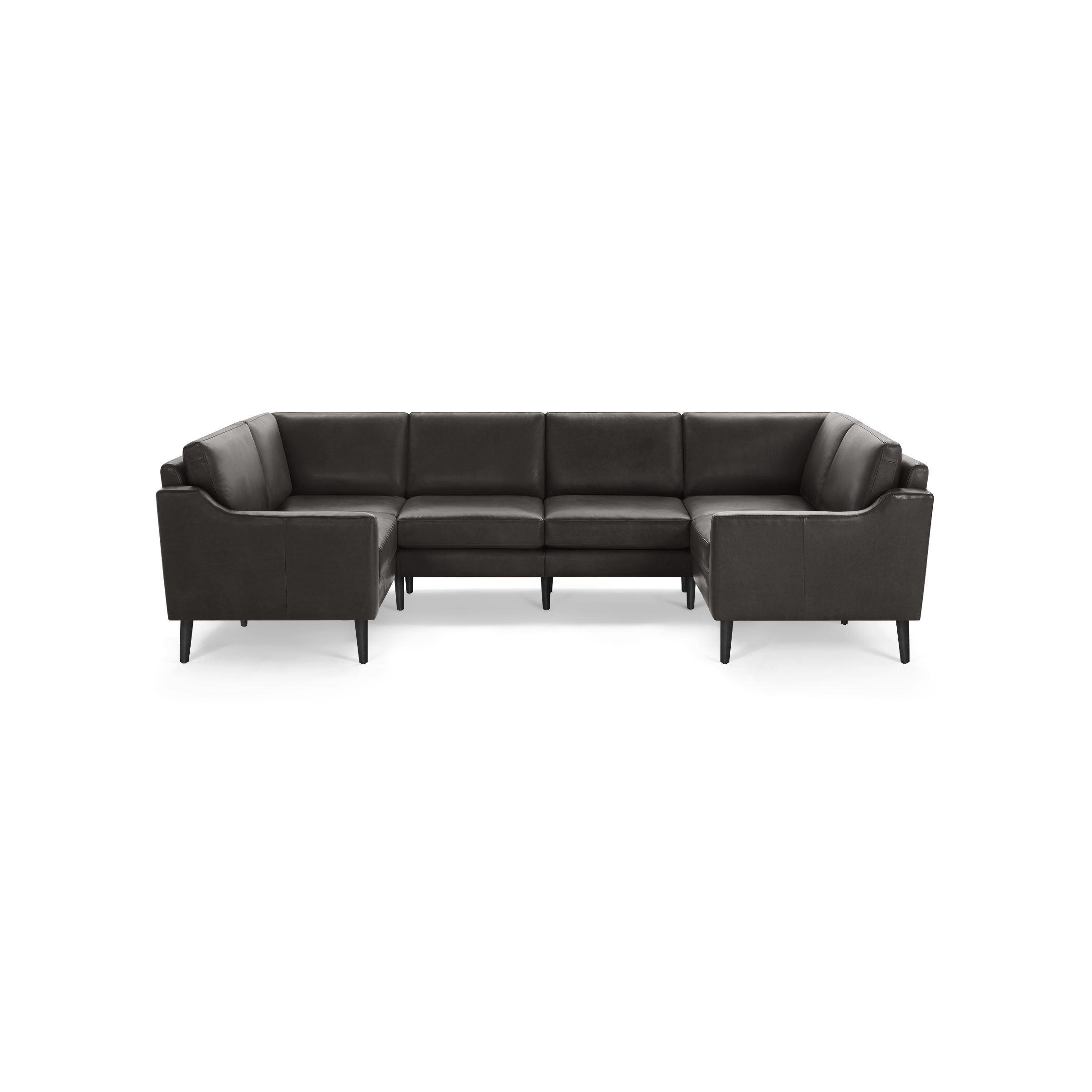 Dark gray leather U-shaped sectional sofa with clean lines, cushioned seats, and tapered black wooden legs.