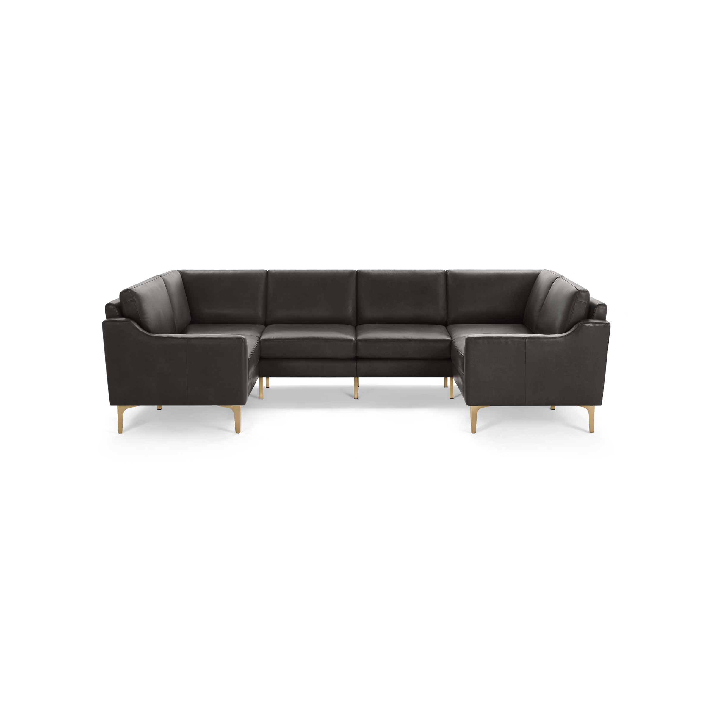 Large modern L-shaped sectional sofa with dark gray leather upholstery and light wooden legs, offering spacious seating and clean lines.