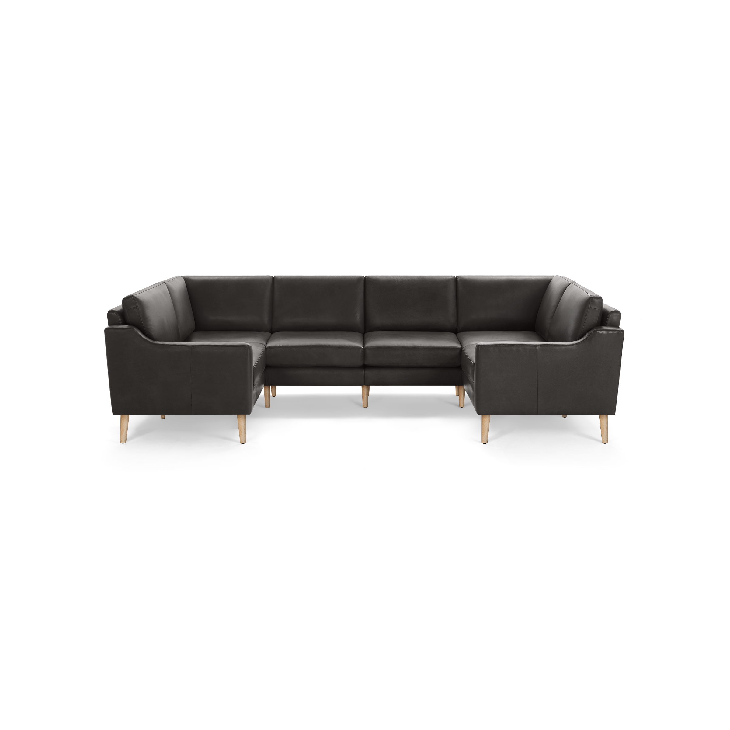 Modern dark gray leather sectional sofa with wooden tapered legs and clean, straight armrests.