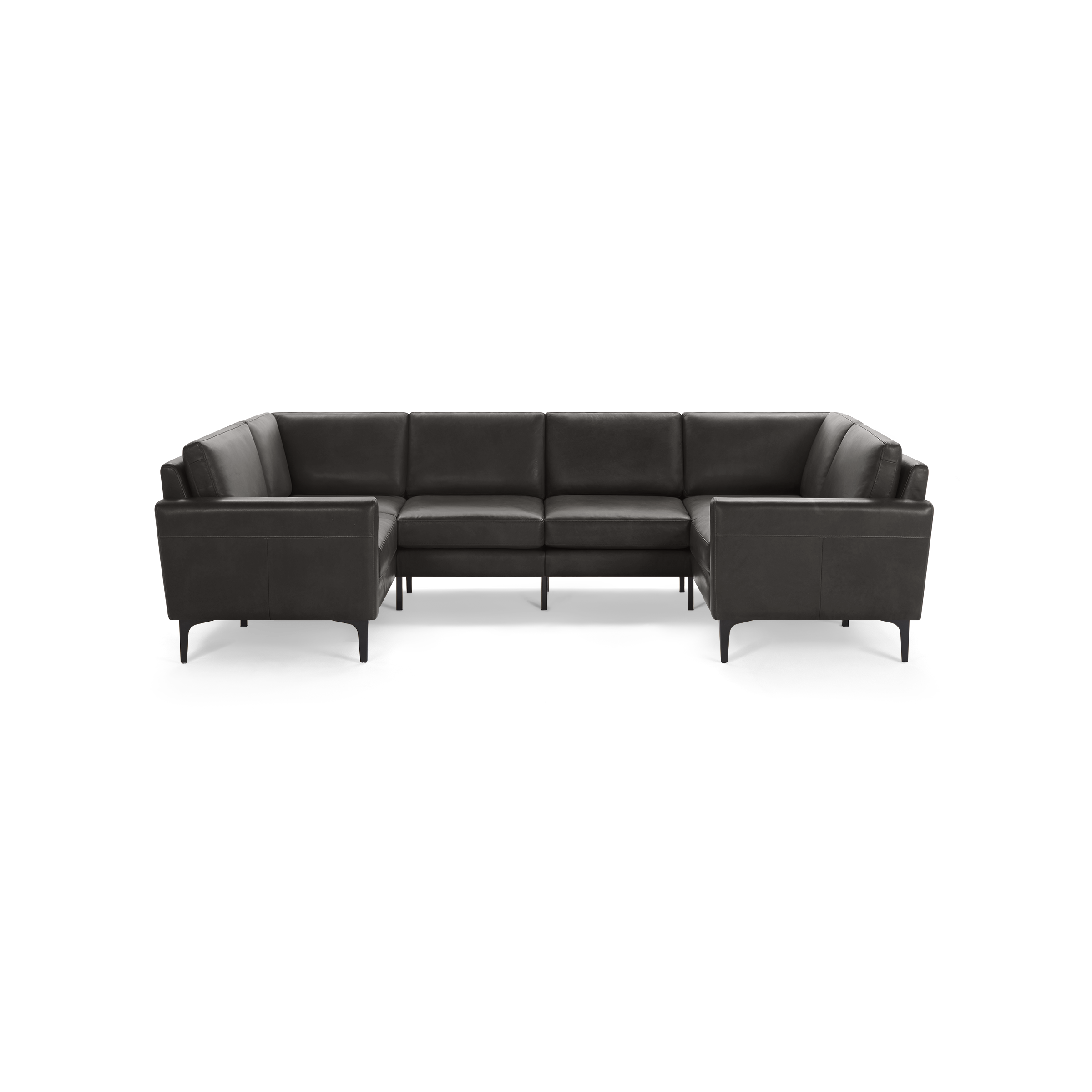 Dark gray leather U-shaped sectional sofa with clean lines and minimalist black legs on a transparent background.