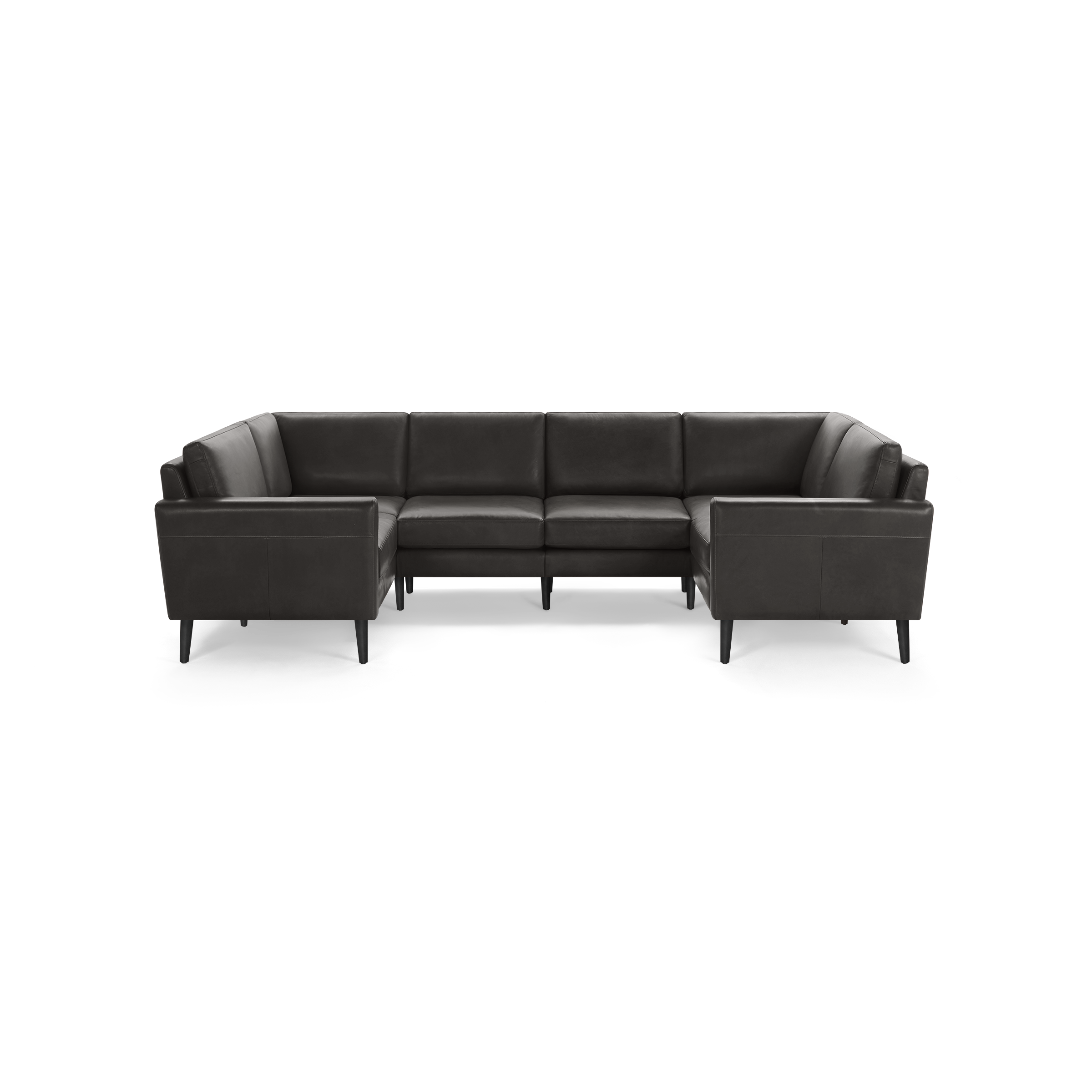 Modern dark brown leather U-shaped sectional sofa with clean lines and tapered legs, designed for spacious seating.