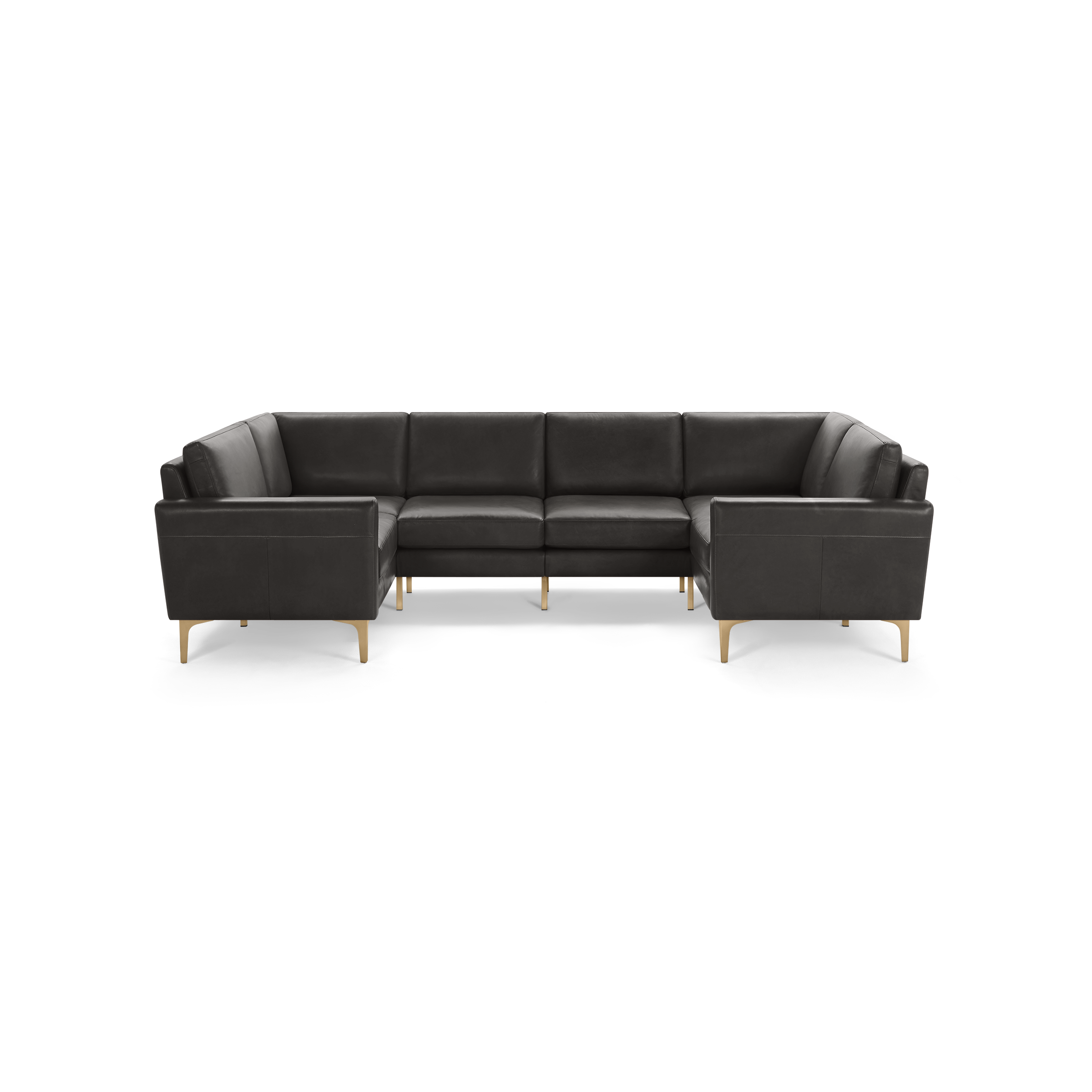 Modern dark gray leather U-shaped sectional sofa with clean lines and slim light wood legs, designed for spacious seating.