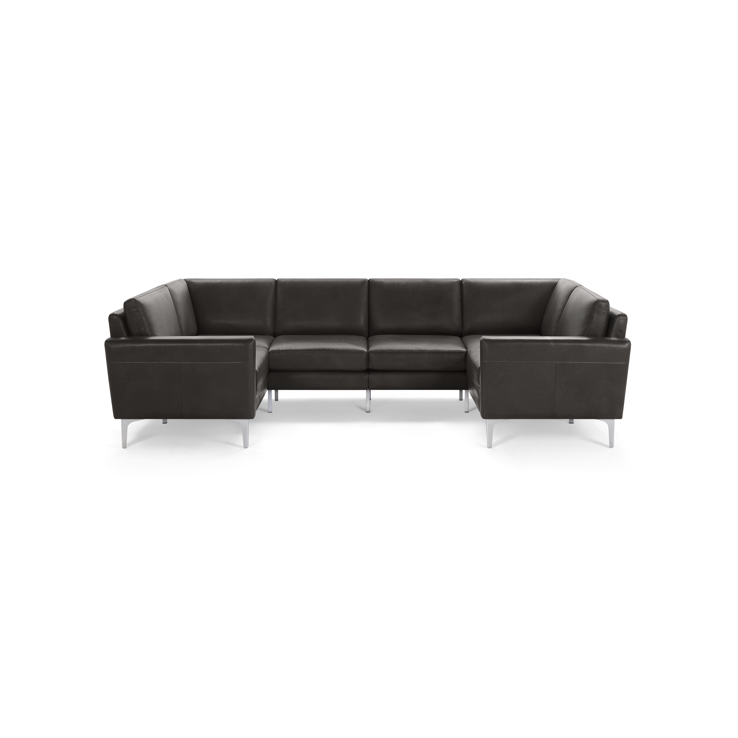 Modern dark gray leather U-shaped sectional sofa with clean lines and slender metal legs, designed for spacious seating and comfort.