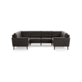 Dark grey leather U-shaped sectional sofa with wooden legs and clean, modern design.
