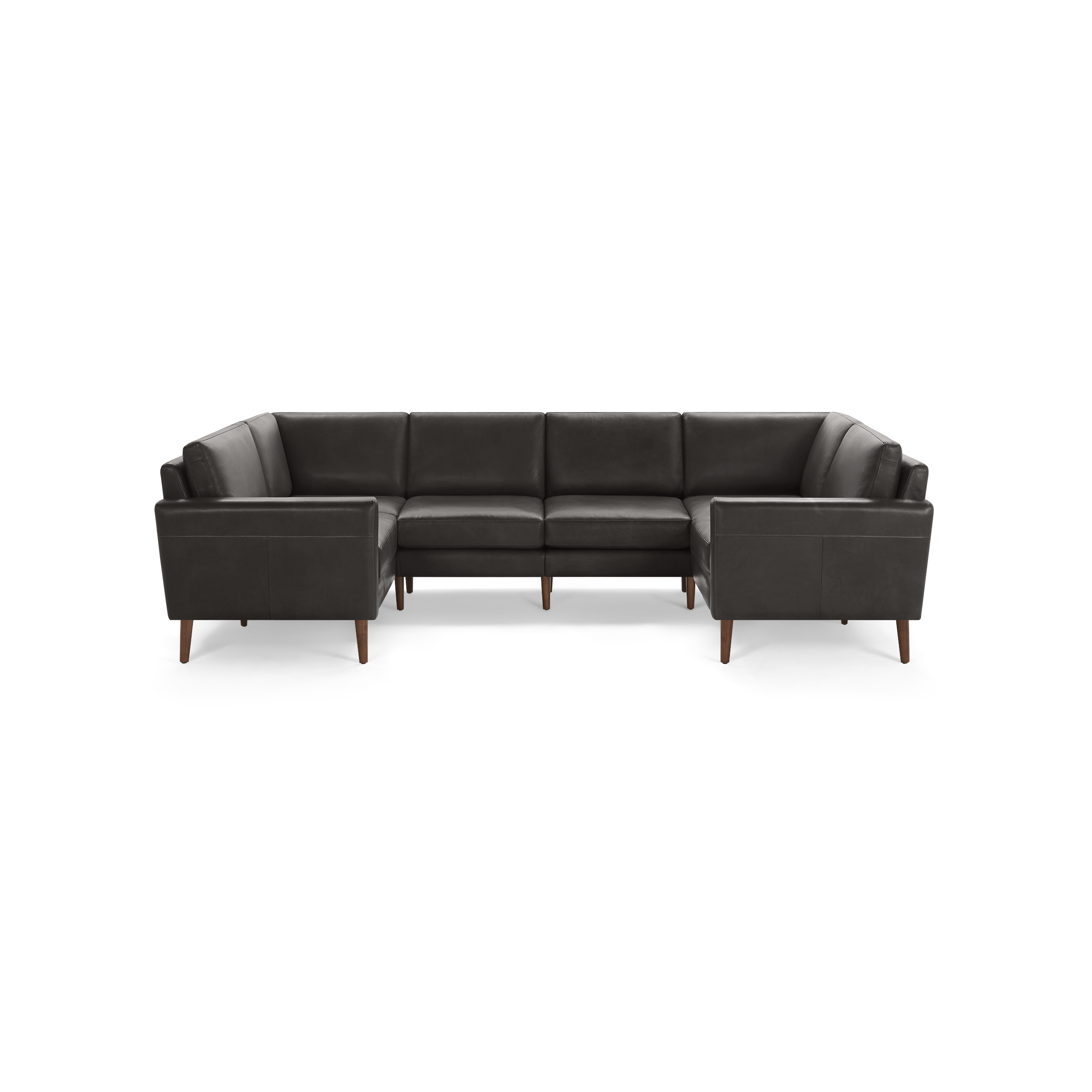 Dark grey leather U-shaped sectional sofa with wooden legs and clean, modern design.