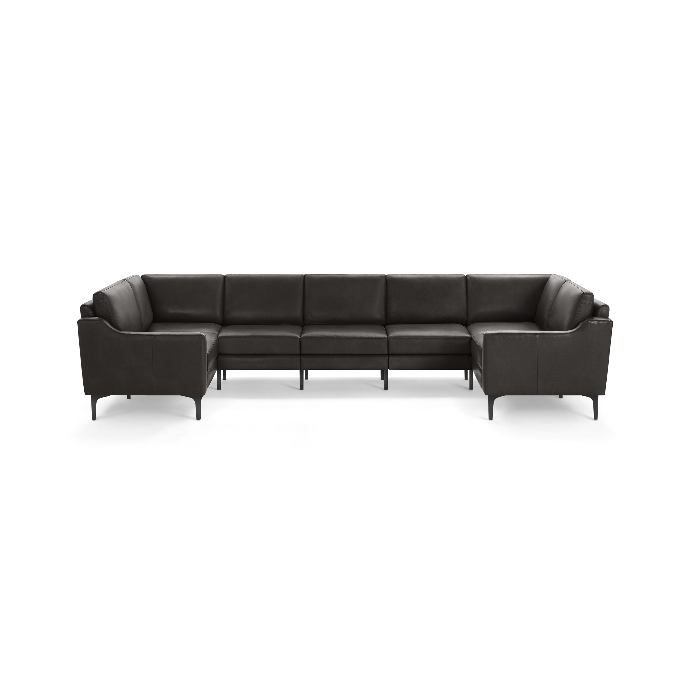 Large modern L-shaped sectional sofa in dark gray leather with clean lines and slender legs.