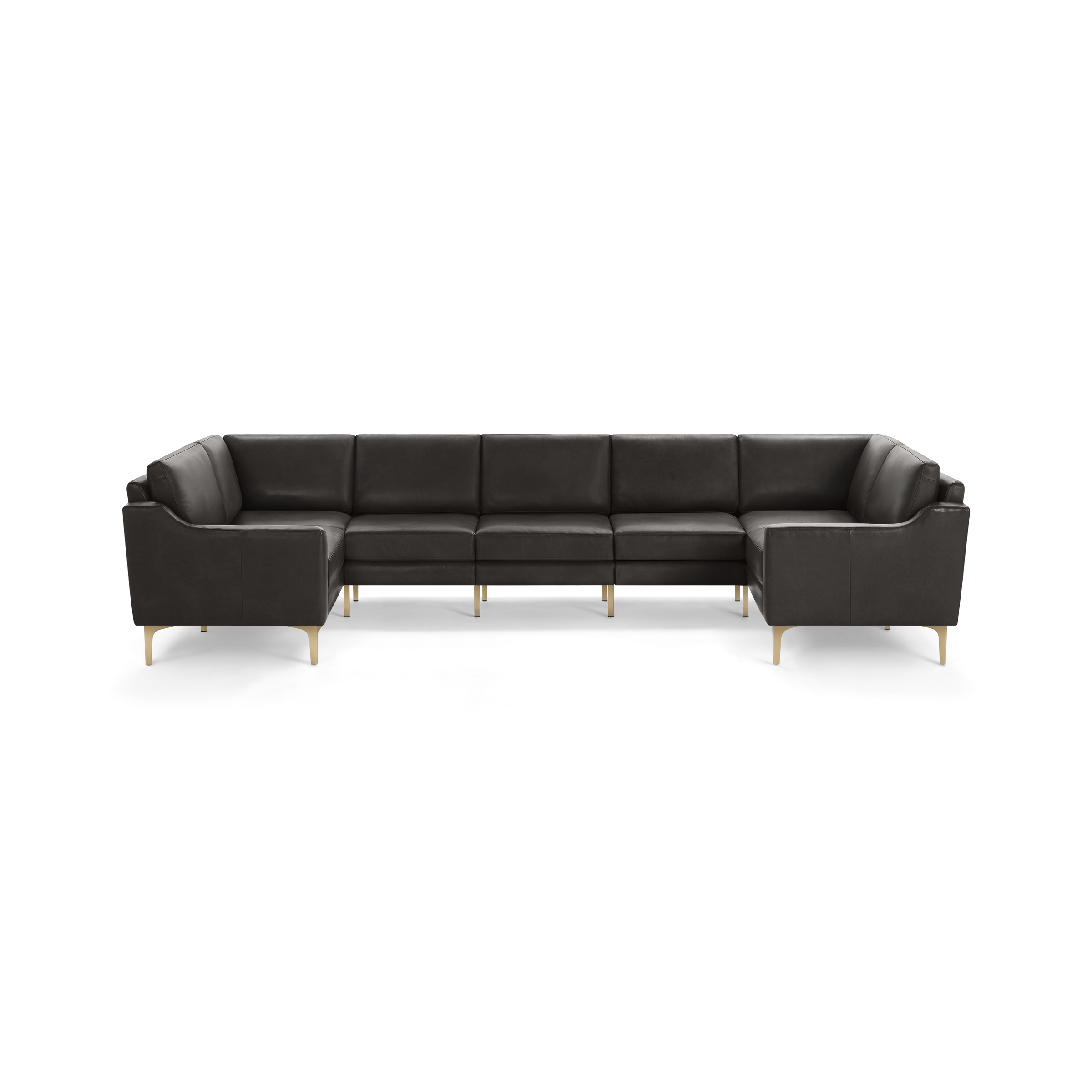 Large modern U-shaped sectional sofa upholstered in dark gray leather with sleek gold metal legs, designed for spacious, stylish seating.