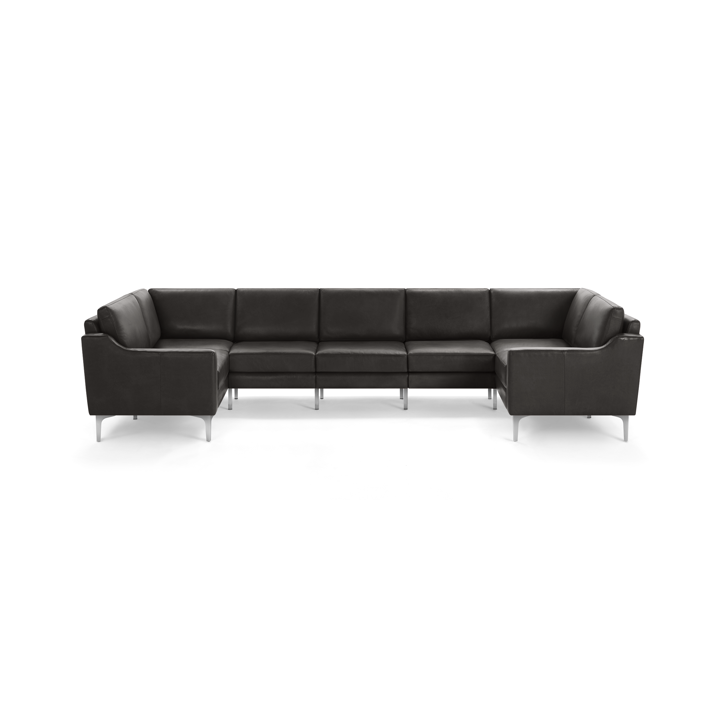 Modern dark gray leather U-shaped sectional sofa with metal legs and cushioned seats and backrests, suitable for large living spaces.