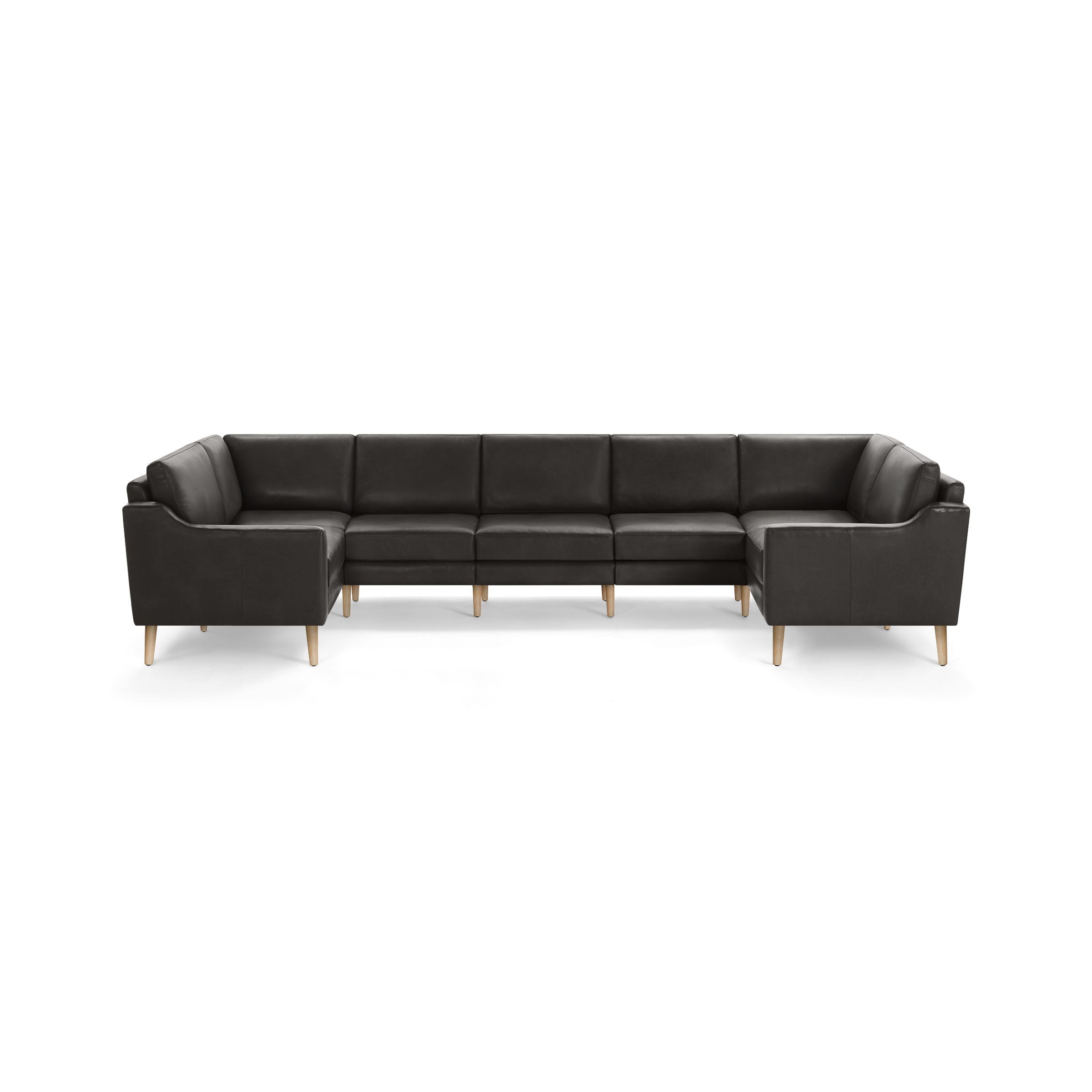 Large modern U-shaped sectional sofa with dark gray leather upholstery and light wooden legs, designed for spacious seating.