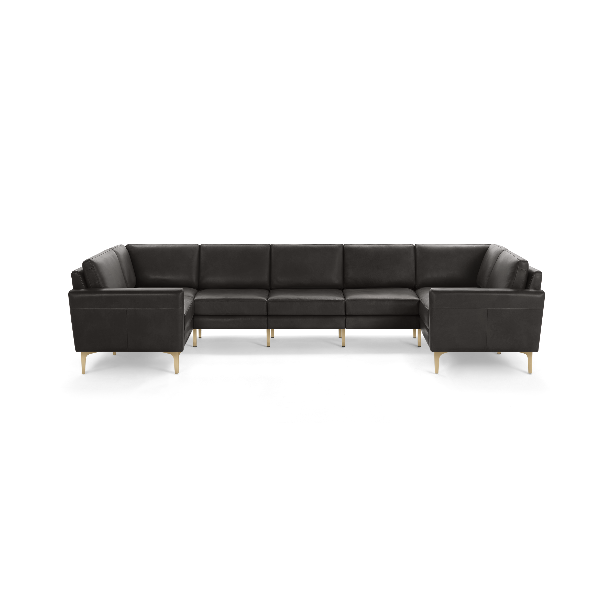 Large U-shaped sectional sofa with dark leather upholstery and sleek gold metal legs, featuring clean lines and contemporary design.