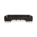 Large sectional sofa with dark gray leather upholstery and wooden legs, featuring a modern, boxy design with cushioned seats and backrests.