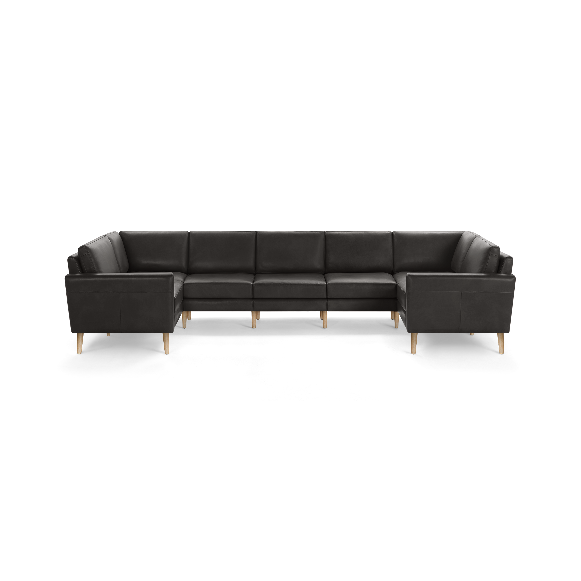 Large U-shaped sectional sofa with dark gray upholstery and light wooden legs, featuring cushioned seats and backrests.