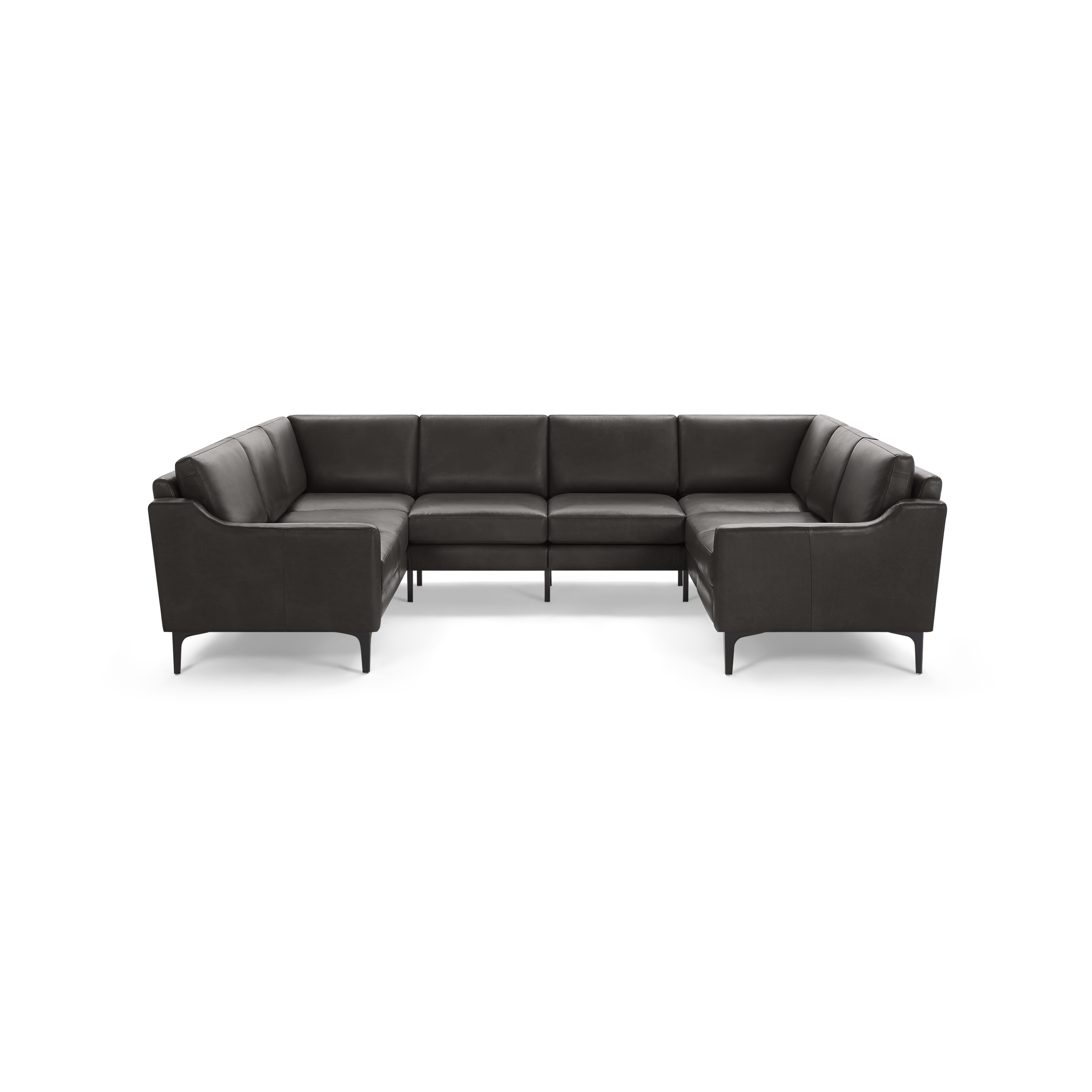 Dark gray leather U-shaped sectional sofa with clean lines, cushioned seats, and slender legs.