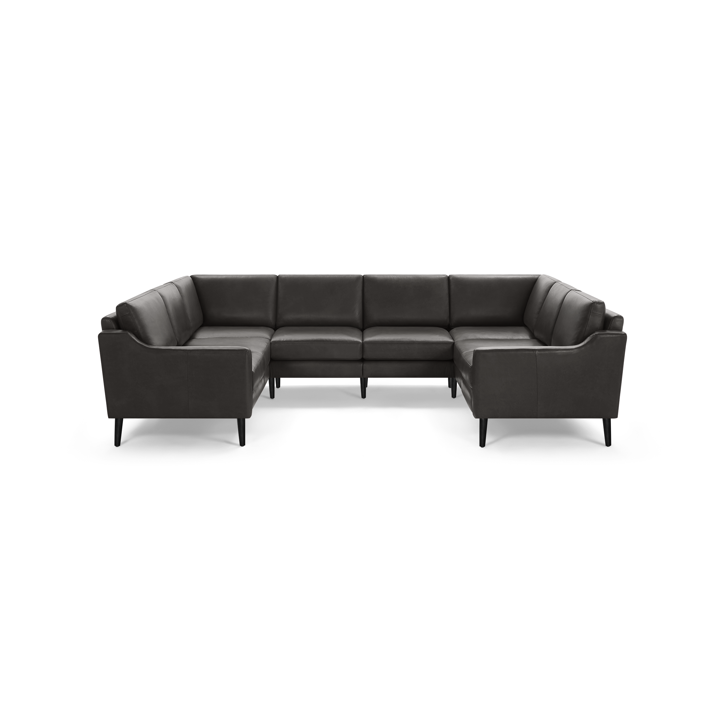 Modern U-shaped sectional sofa with dark grey leather upholstery and slim black wooden legs, designed for spacious seating.