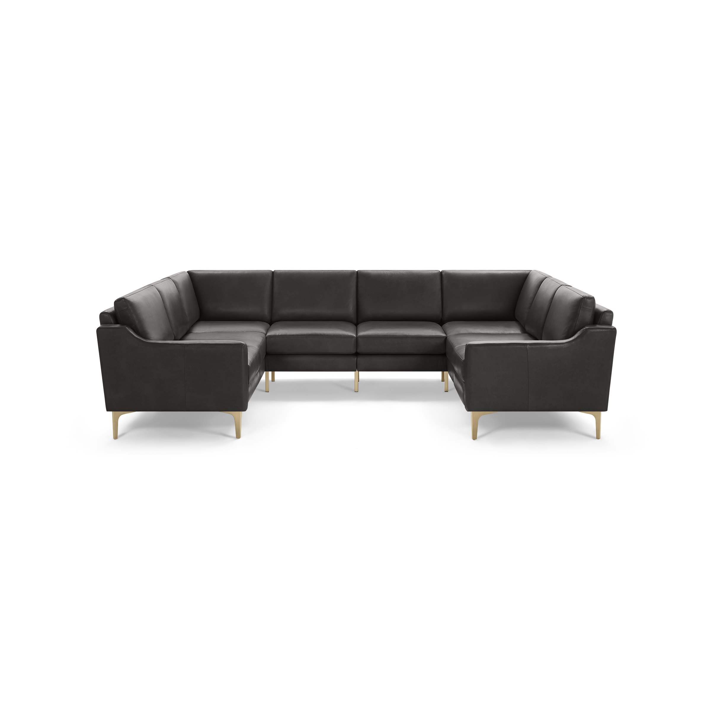 Large modern L-shaped sectional sofa in dark gray leather with wooden legs, featuring clean lines and cushioned seating.
