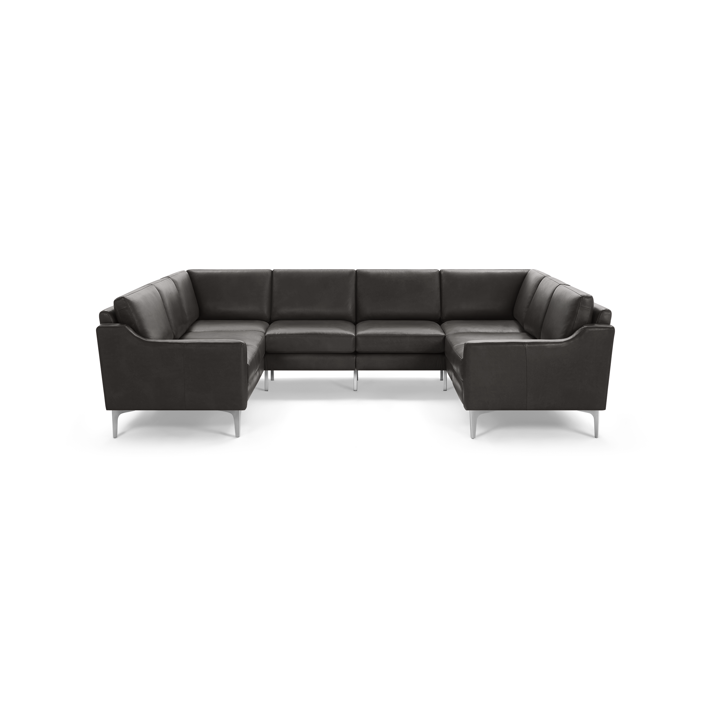 Modern dark gray leather U-shaped sectional sofa with clean lines, padded cushions, and metal legs.