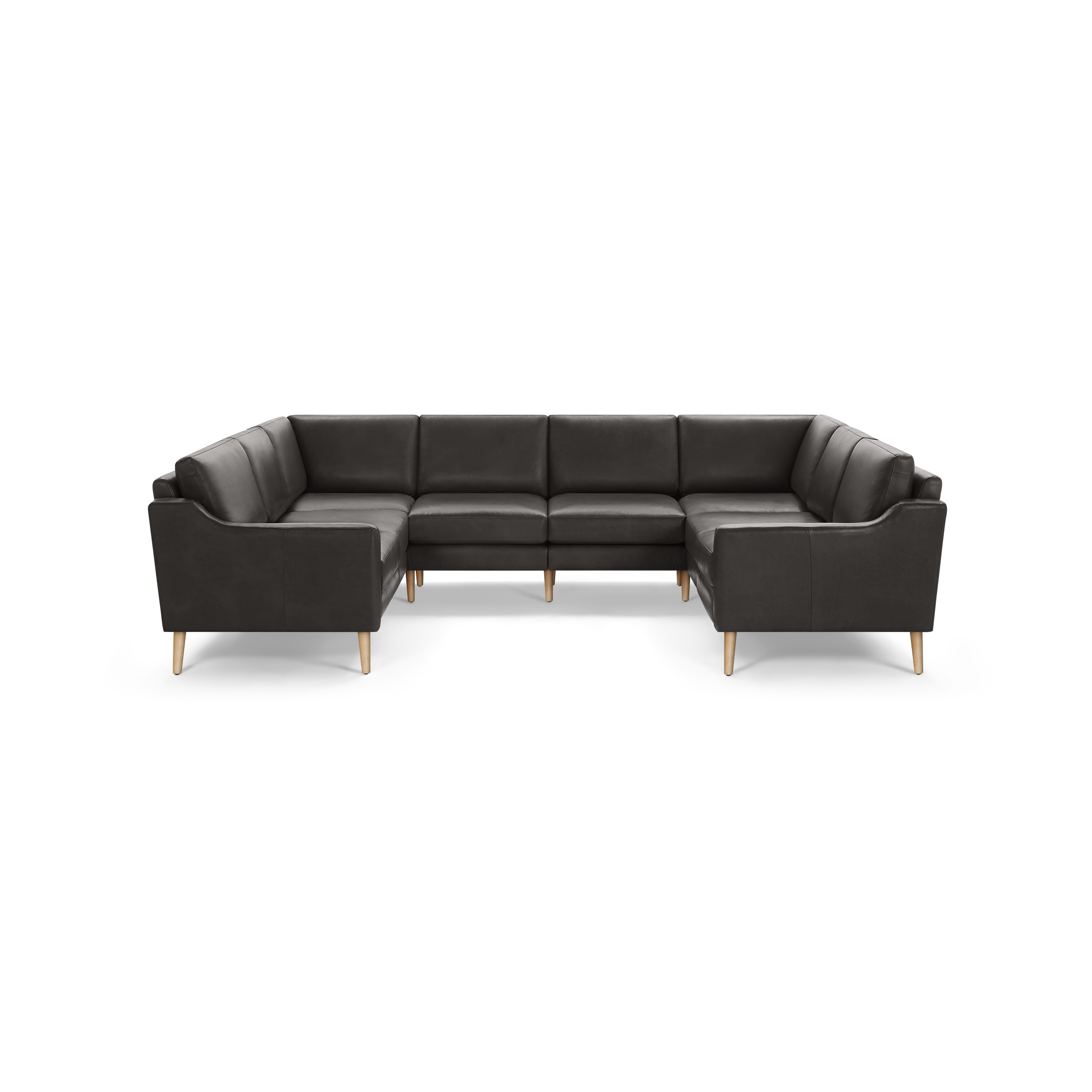 Large dark gray sectional sofa with wooden legs, featuring a modern design and plush cushions for comfortable seating.