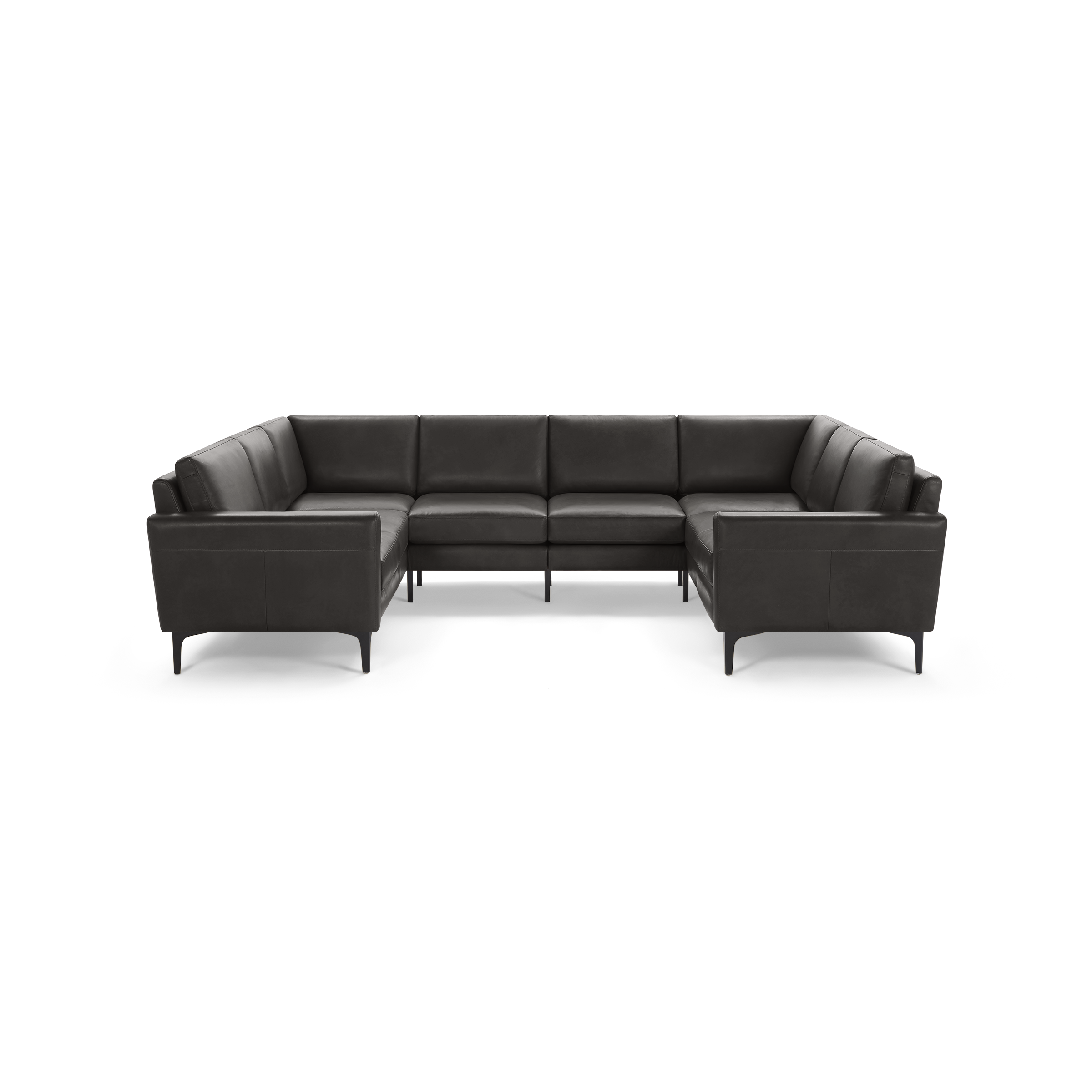 Modern black leather sectional sofa with clean lines, cushioned backrests, and slim tapered legs, arranged in a U-shape.