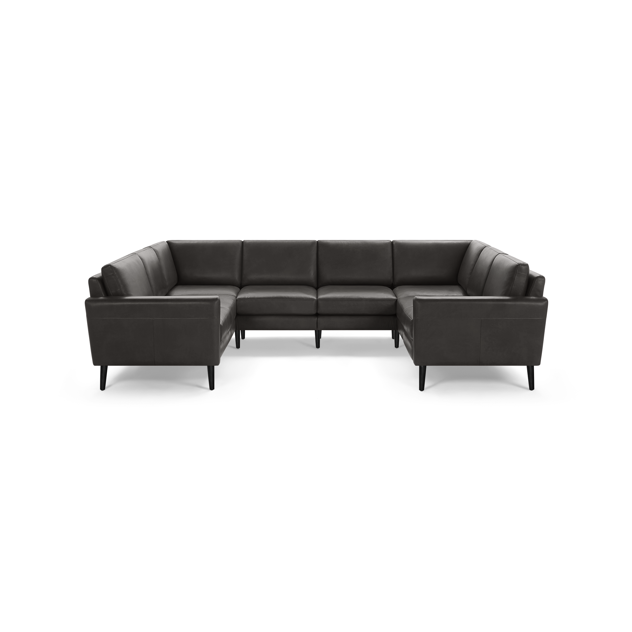 Large dark gray leather sectional sofa with clean lines, cushioned seats, and black tapered legs, arranged in a U-shape.
