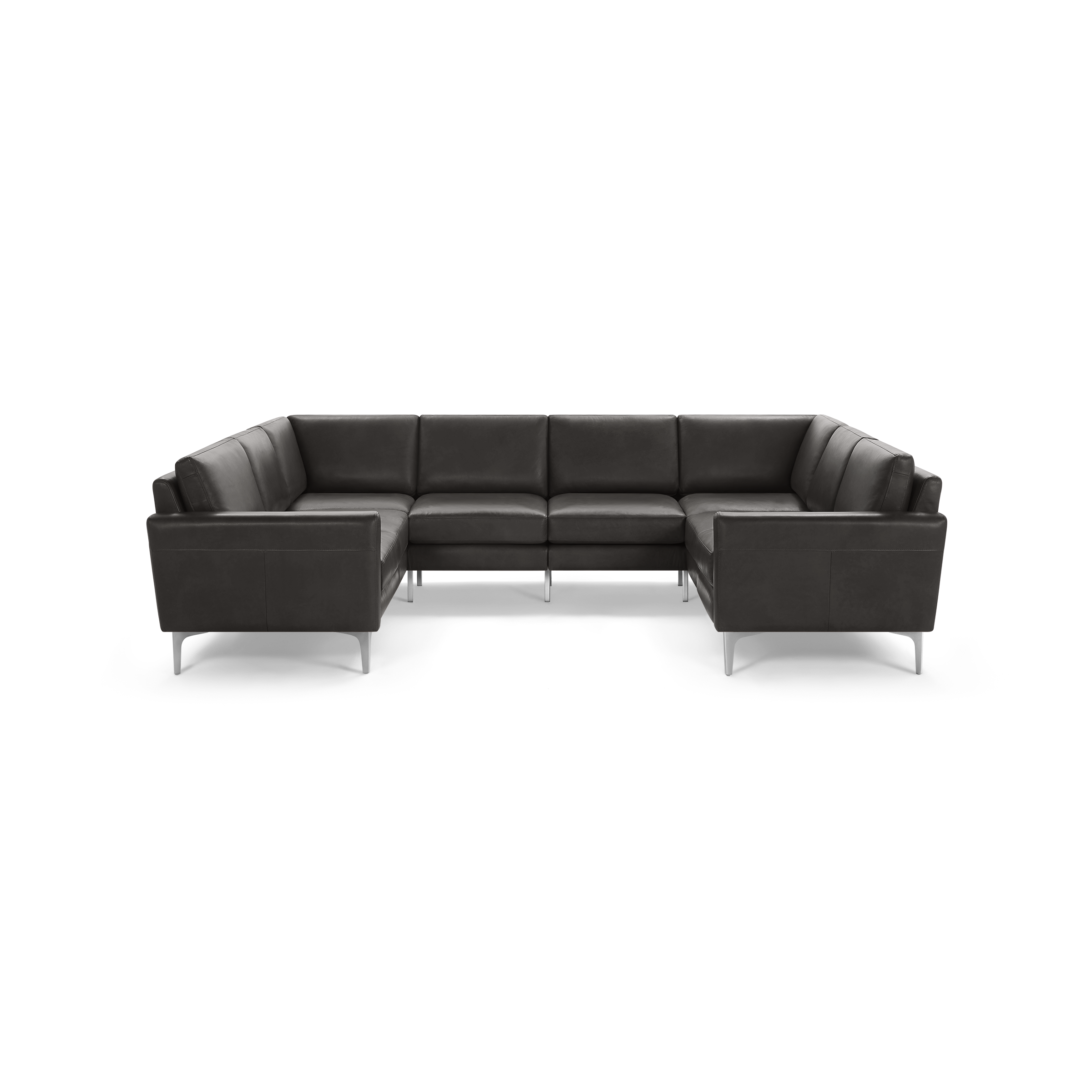 Dark gray leather U-shaped sectional sofa with clean lines, metal legs, and thick cushioned seats and backs.