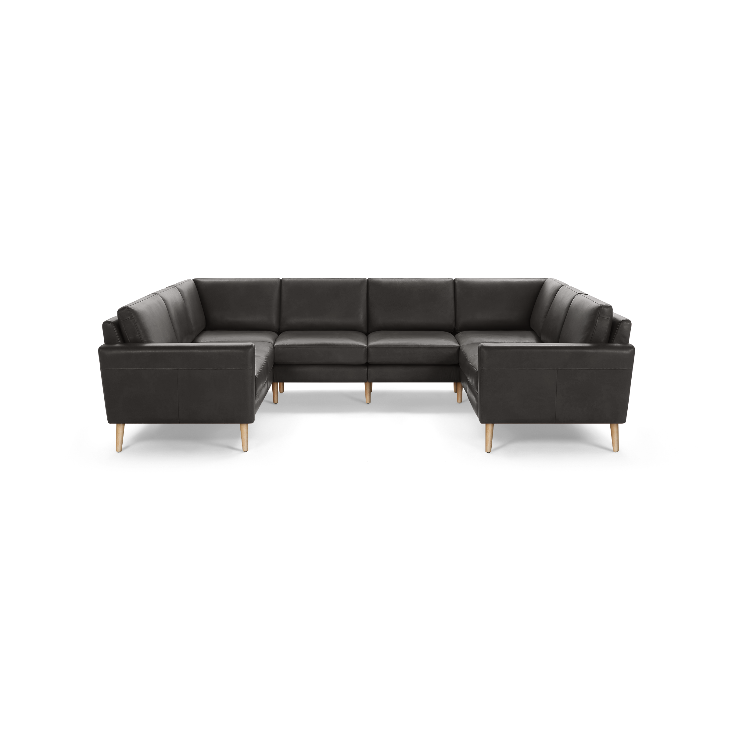 Modern U-shaped sectional sofa with dark gray upholstery, clean lines, cushioned seats, and wooden tapered legs.