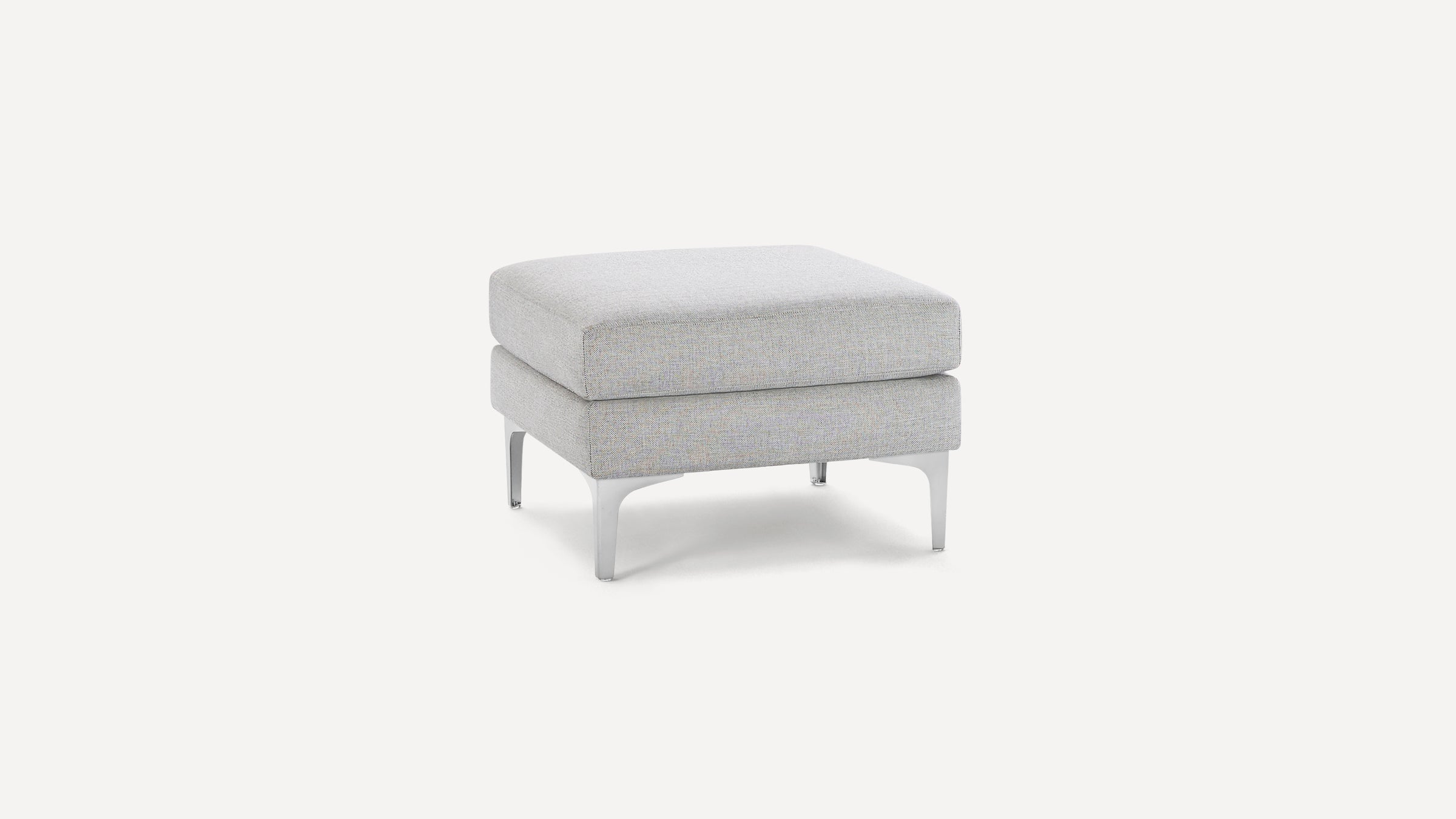 Modern square ottoman with light gray upholstery and sleek metal legs on white background.
