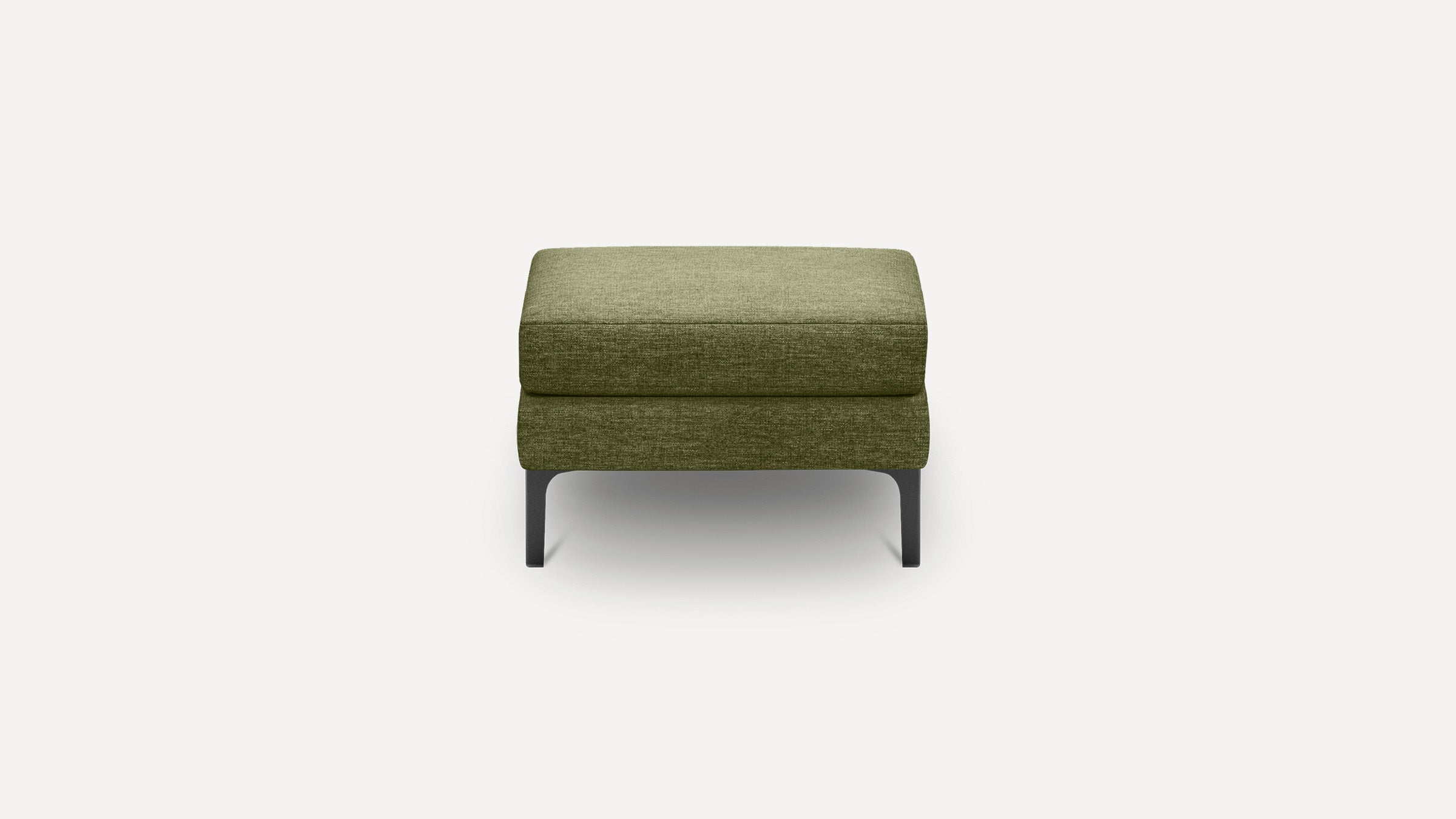 Front view of a modern olive green fabric ottoman with black metal legs against a white background.