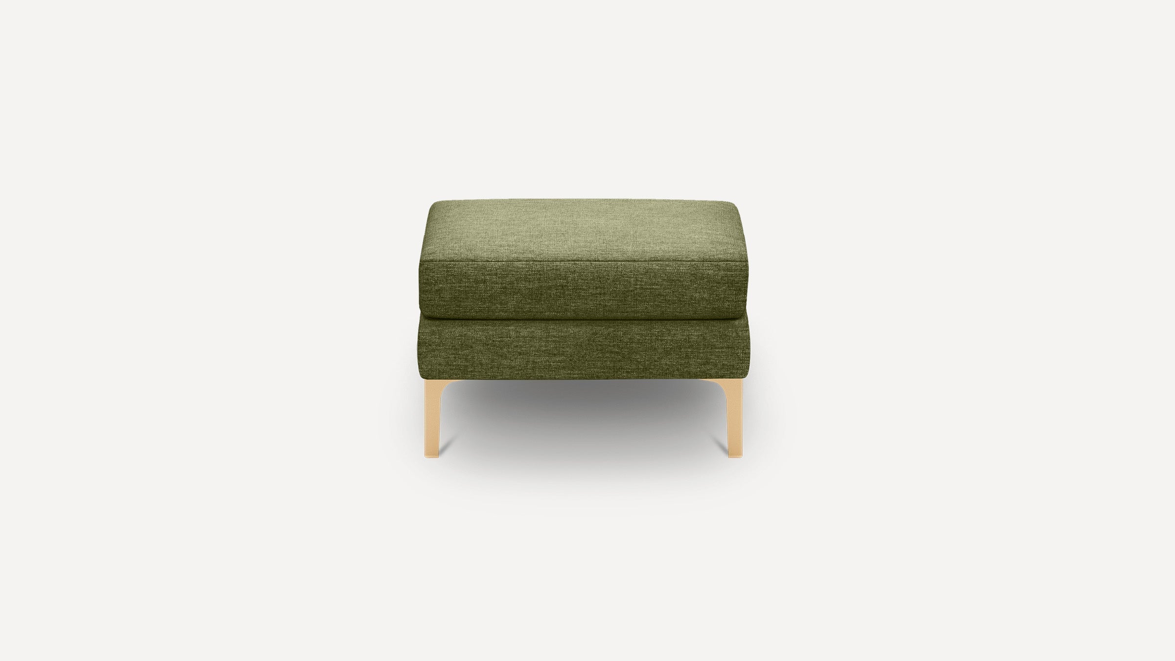 Olive green upholstered rectangular ottoman with light wooden legs, shown from the front on a white background.