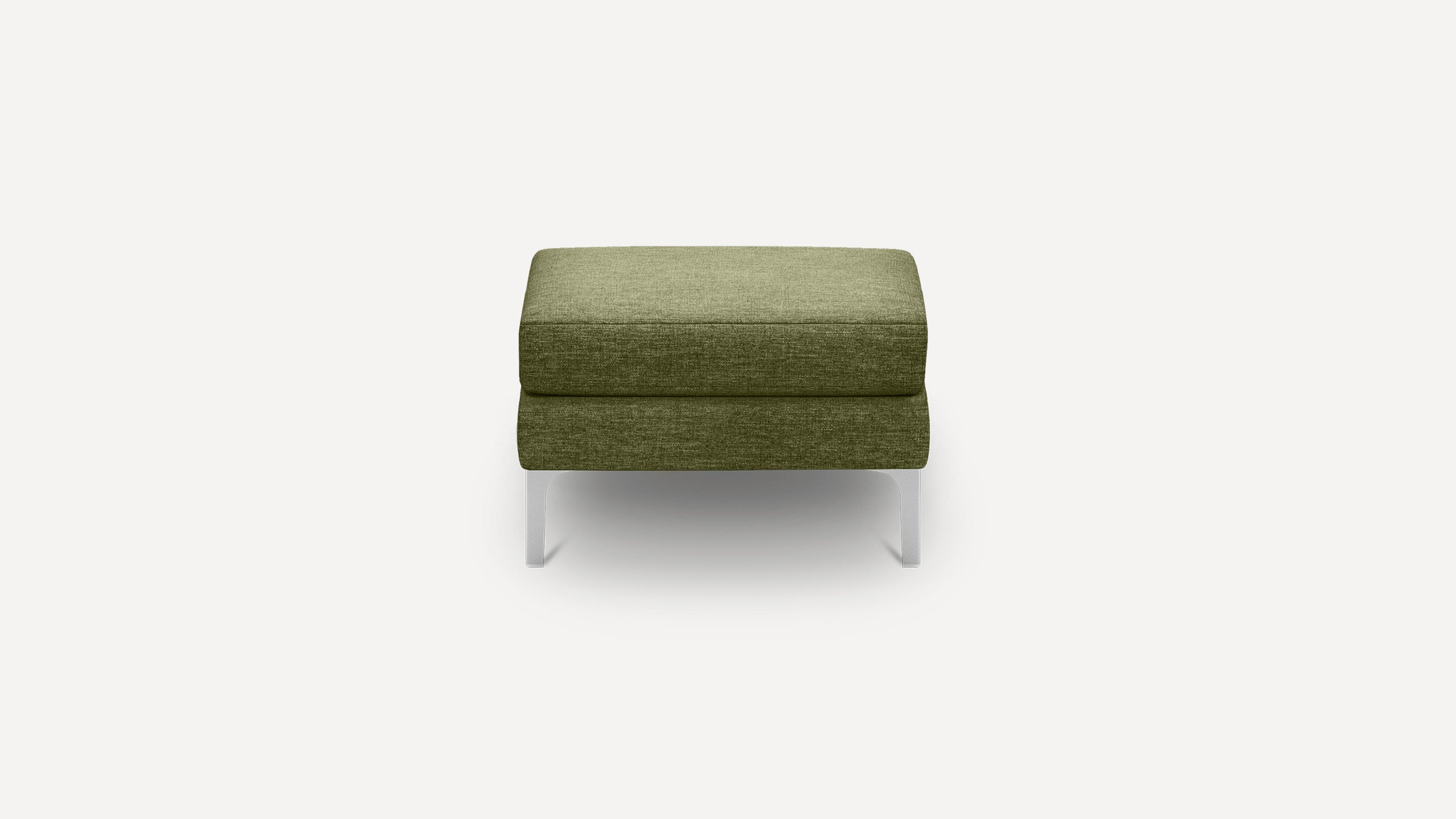 Green fabric upholstered rectangular ottoman with white metal legs, shown against a plain white background.