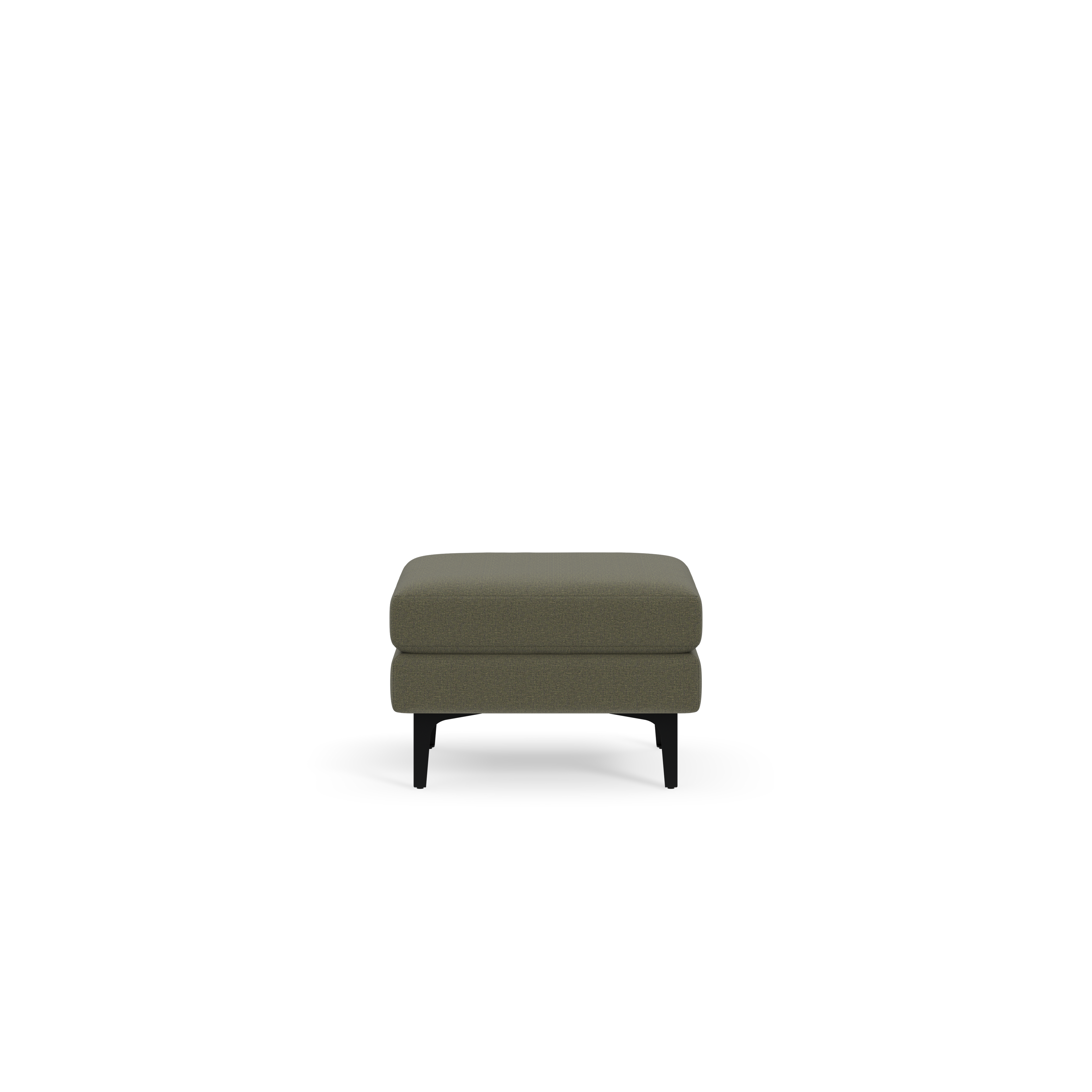 Square Moss green upholstered ottoman with a cushioned top and black angled legs, shown against a black background.