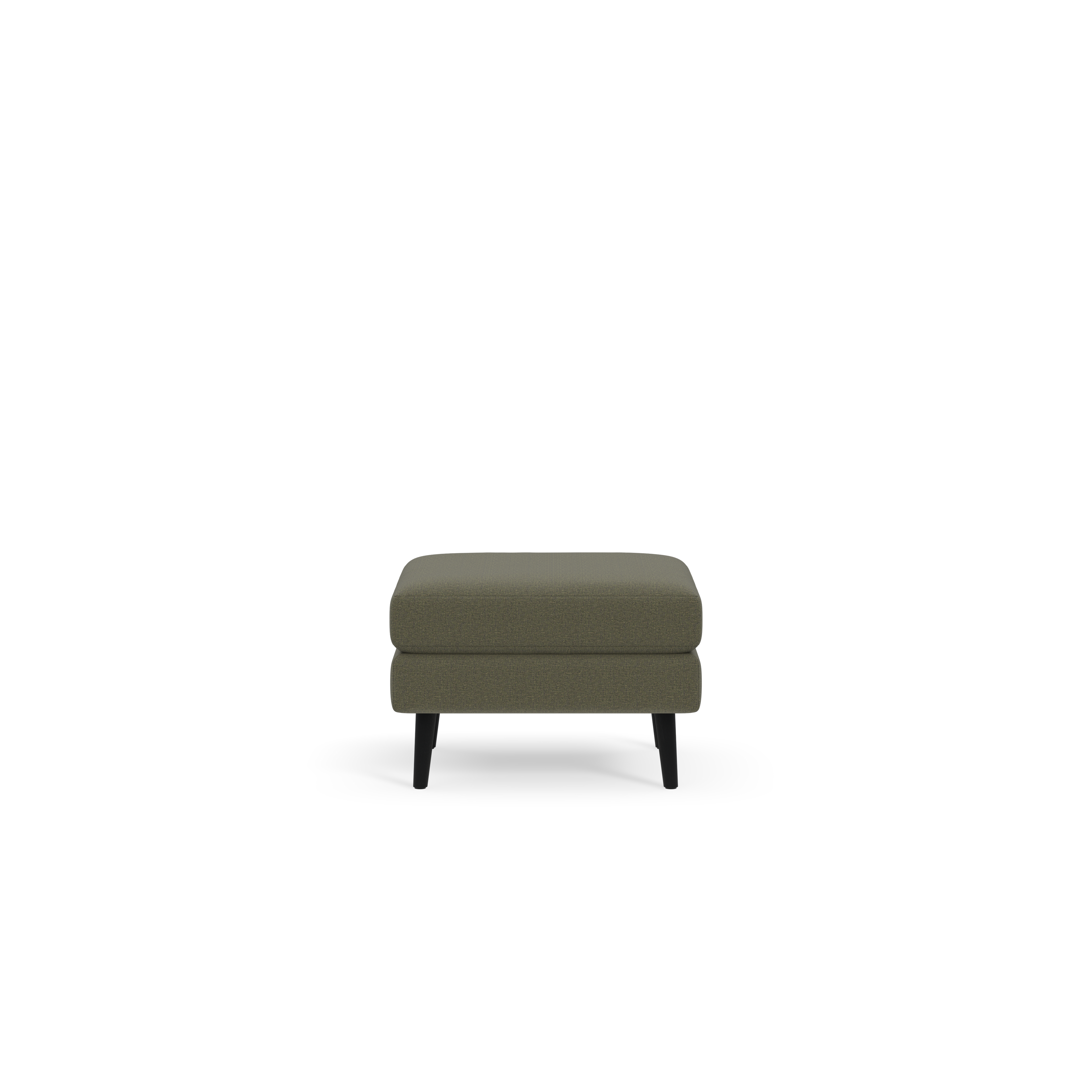 Square Moss green fabric ottoman with cushioned top and four dark wooden legs on black background.